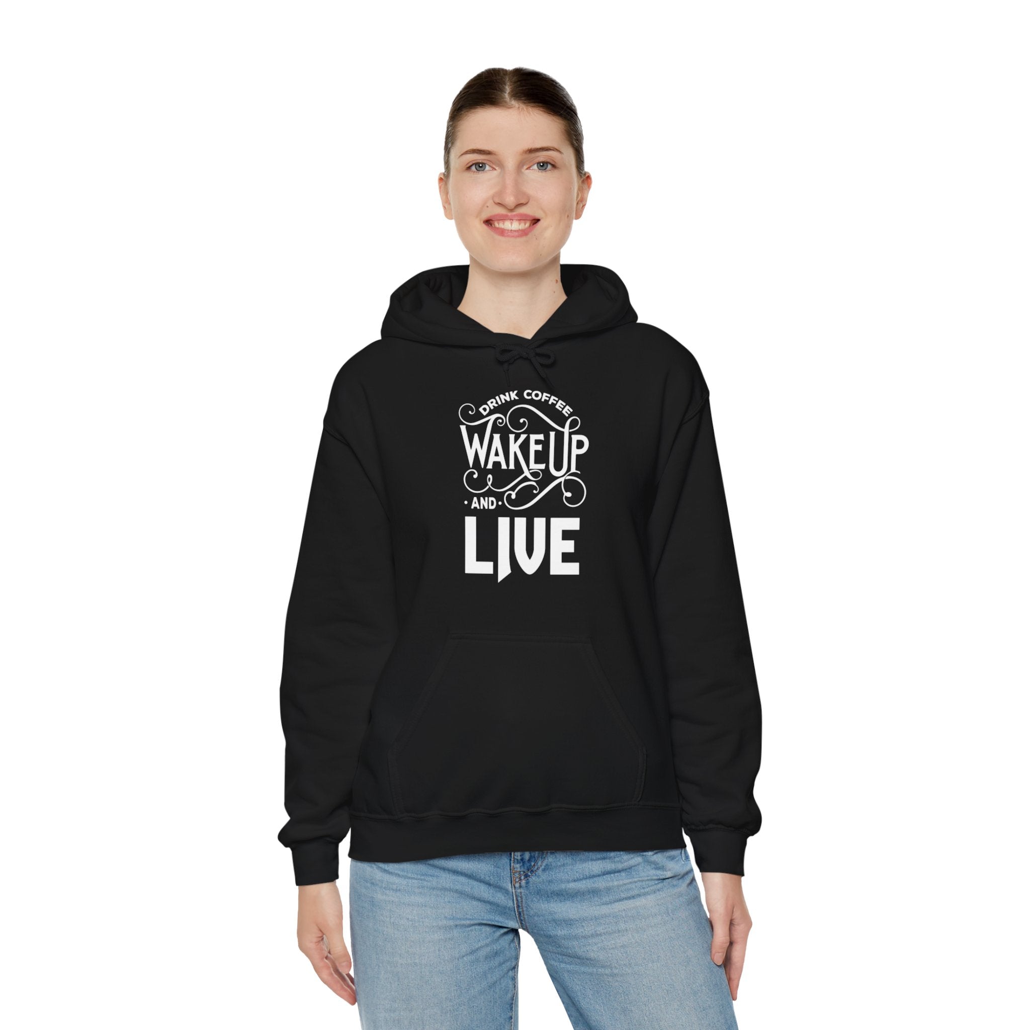 "DRINK COFFEE WAKE UP AND LIVE" Unisex Heavy Blend™ Hooded Sweatshirt