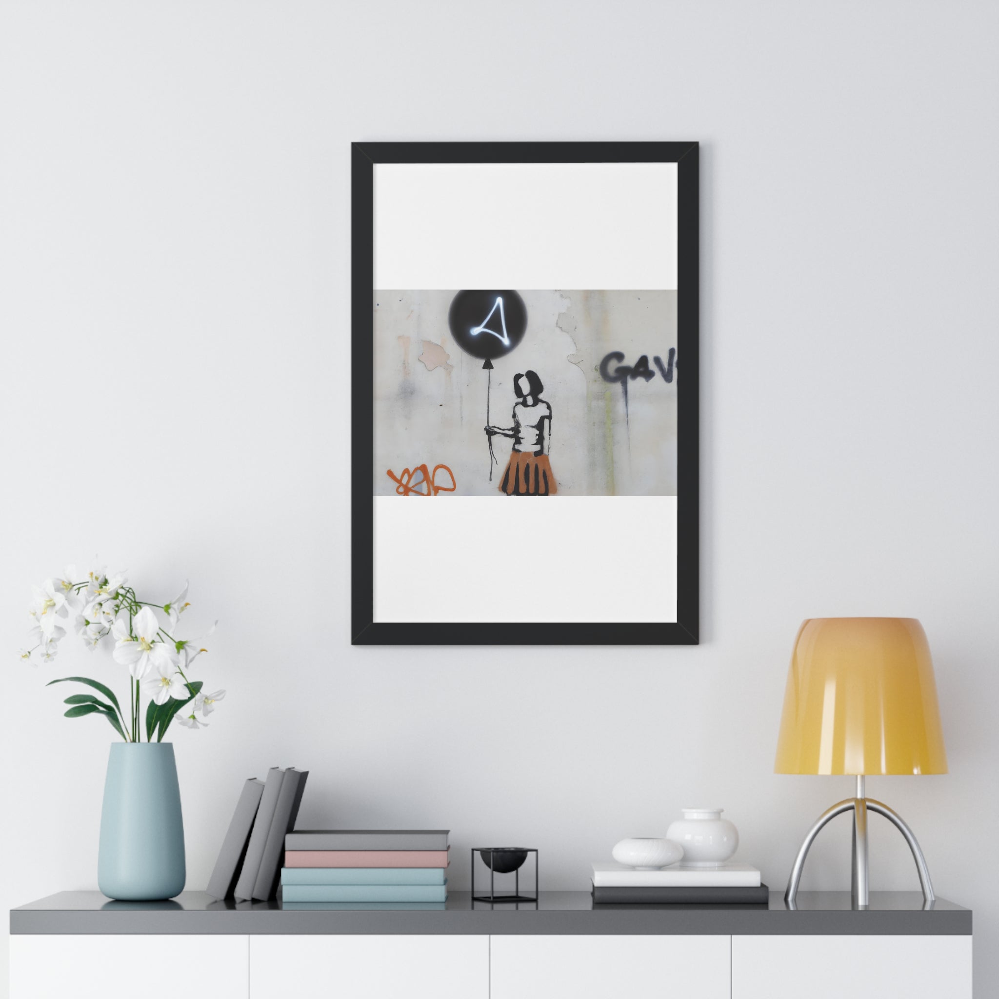 "BANKSY-STYLE GRAFFITI OF A WOMAN IN SKIRT HOLDING A BALLOON" Framed Vertical Poster