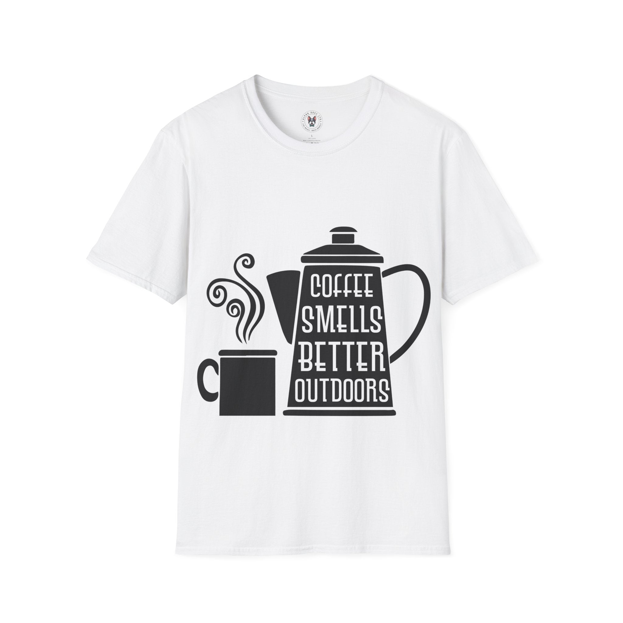 "COFFEE SMELLS BETTER OUTDOORS" Unisex Soft style T-Shirt