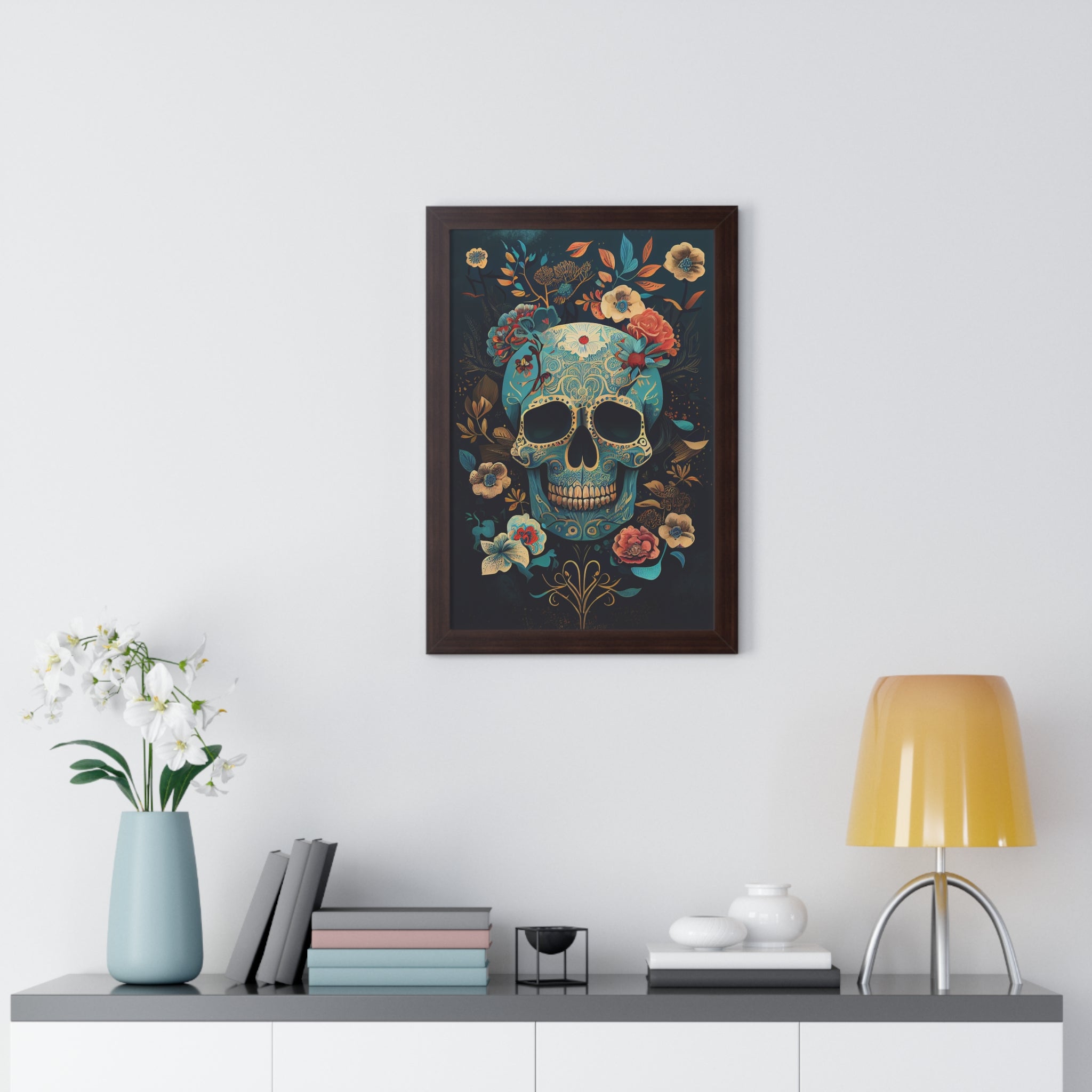 "BLUE CHINOISERIE SUGAR SKULL" Framed Vertical Poster