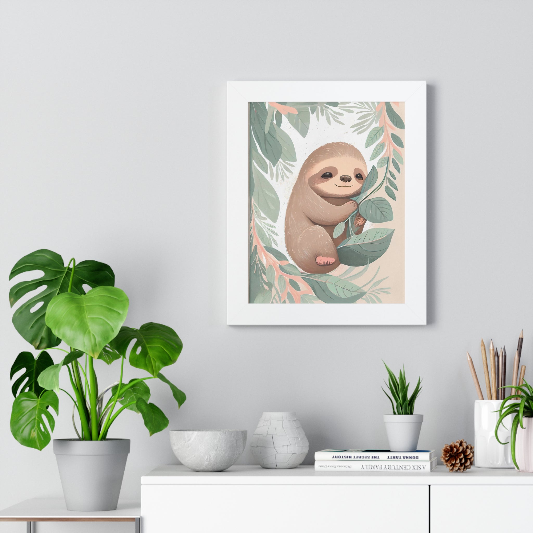 "ABSTRACT BABY SLOTH ON LEAF" Framed Vertical Poster