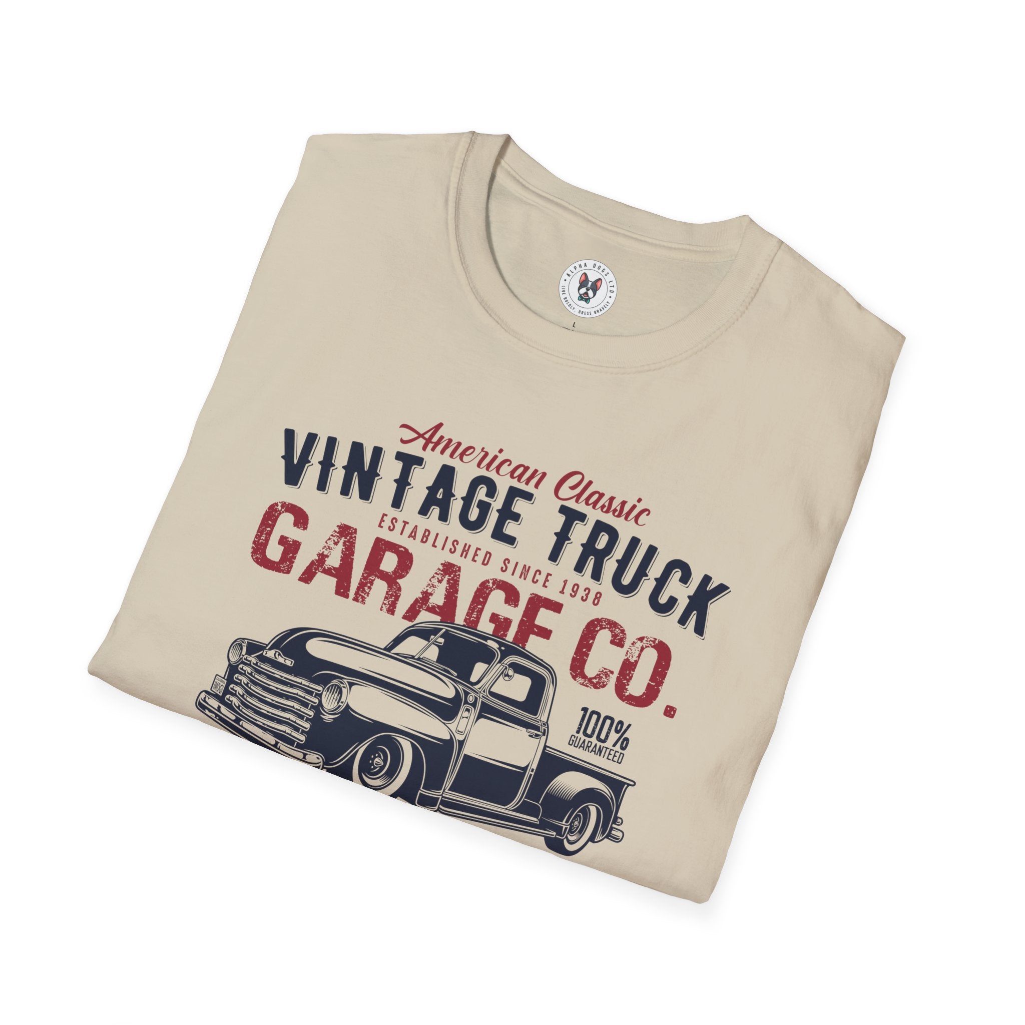 "AMERICAN CLASSIC VINTAGE TRUCK ESTABLISHED SINCE 1938 GARAGE CO. SERVICE & REPAIR ORIGINAL SPARE PARTS AUTHENTIC HANDCRAFTED" Unisex Soft style T-Shirt