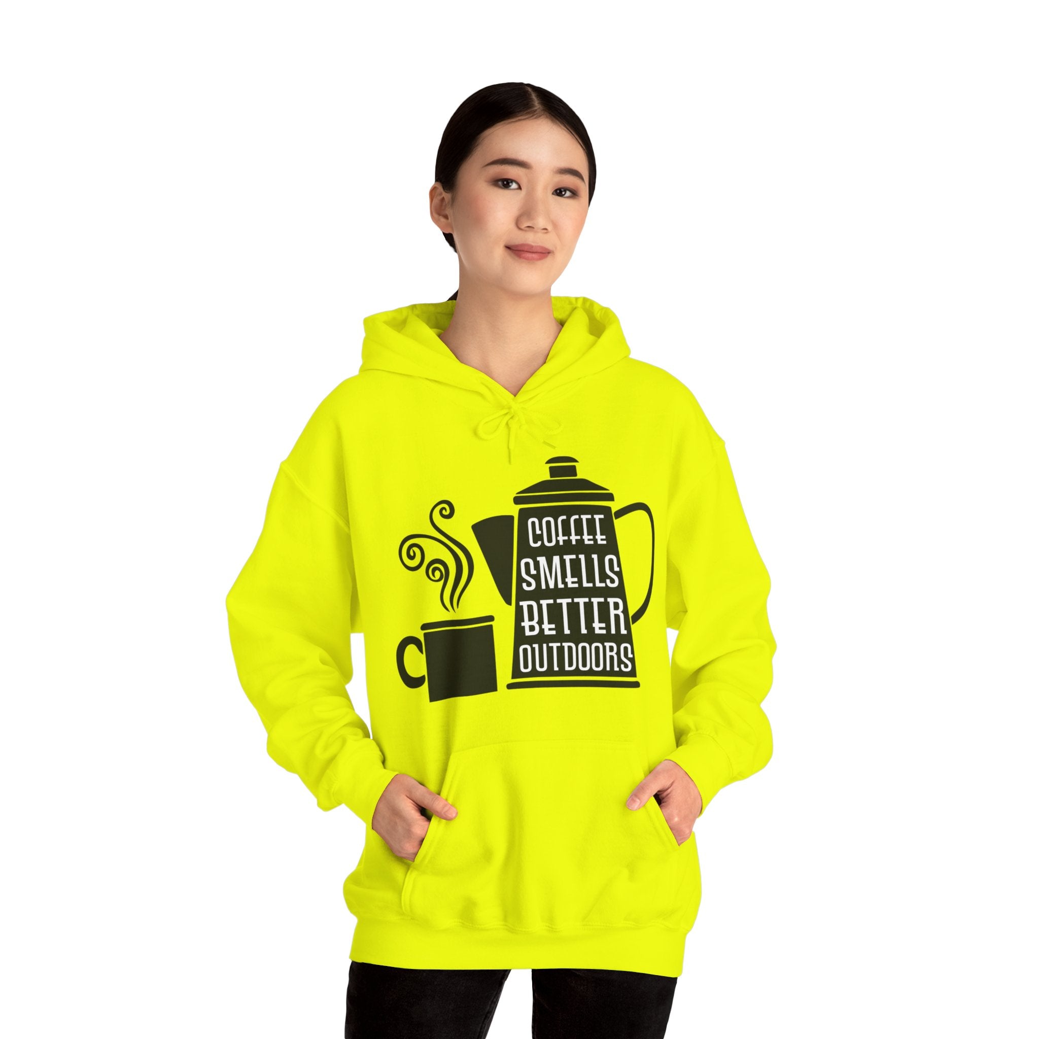 "COFFEE SMELLS BETTER OUTDOORS" Unisex Heavy Blend™ Hooded Sweatshirt