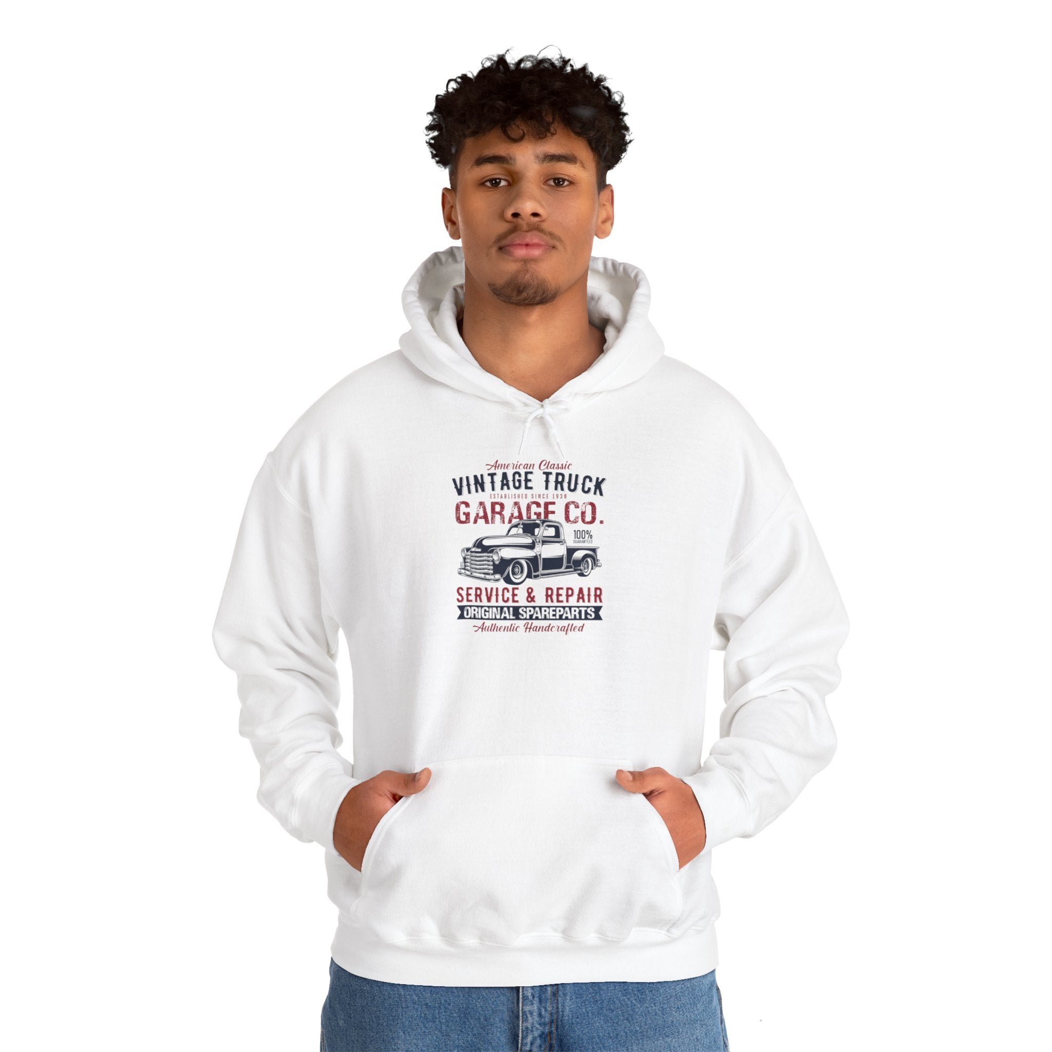 "AMERICAN CLASSIC VINTAGE TRUCK ESTABLISHED SINCE 1938 GARAGE CO. SERVICE & REPAIR ORIGINAL SPARE PARTS AUTHENTIC HANDCRAFTED" Unisex Heavy Blend™ Hooded Sweatshirt