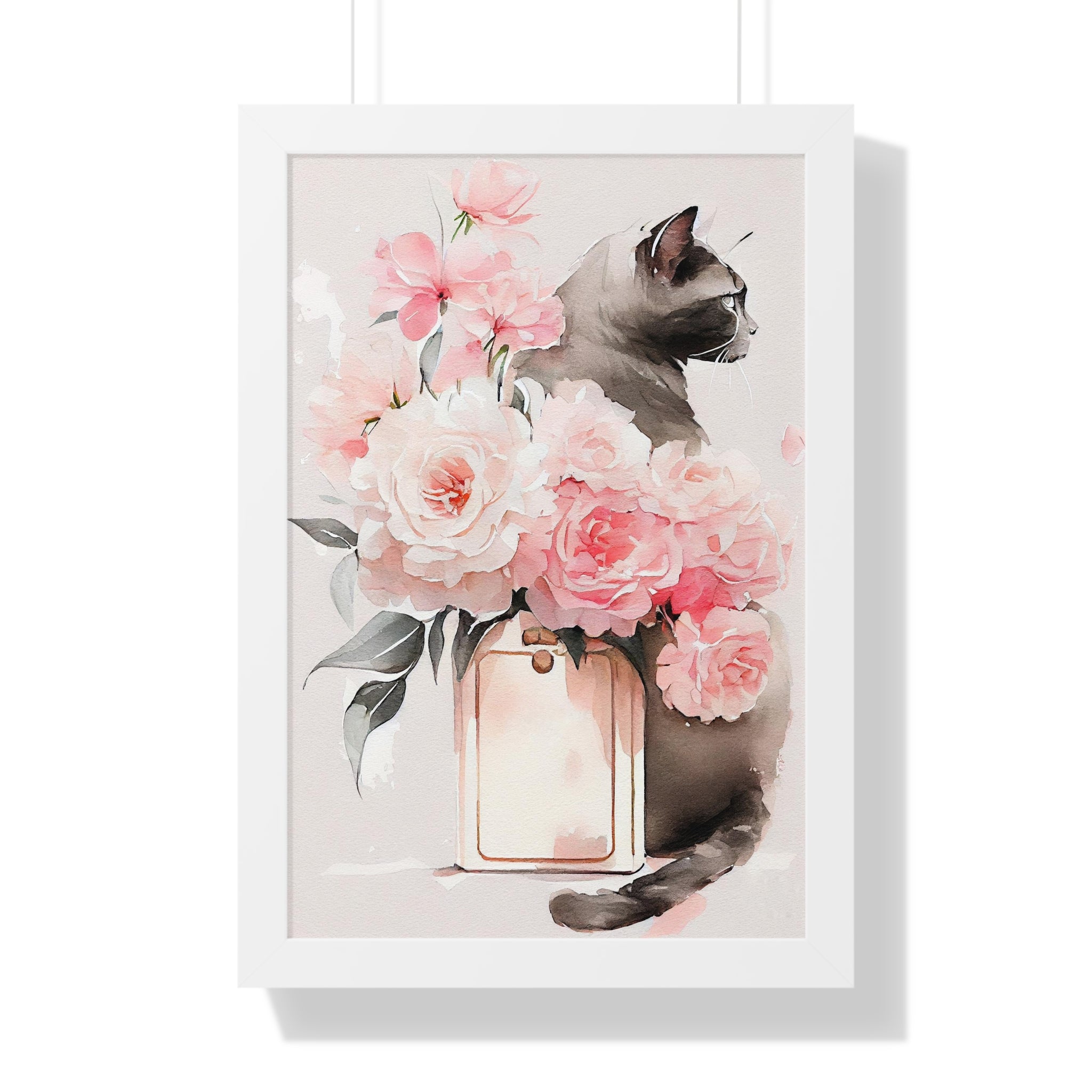 "BLACK CAT PERFUME PEONIES" Framed Vertical Poster