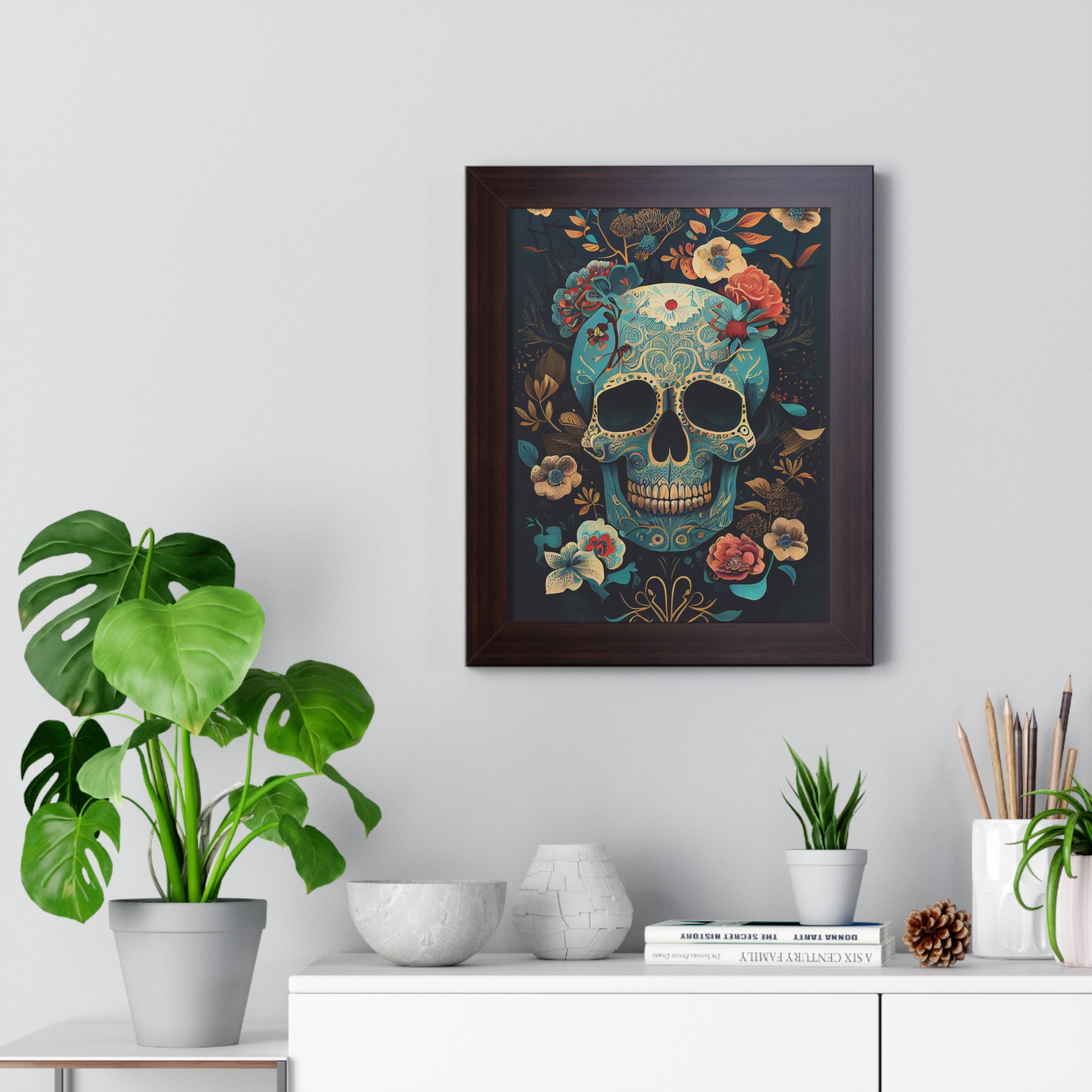 "BLUE CHINOISERIE SUGAR SKULL" Framed Vertical Poster