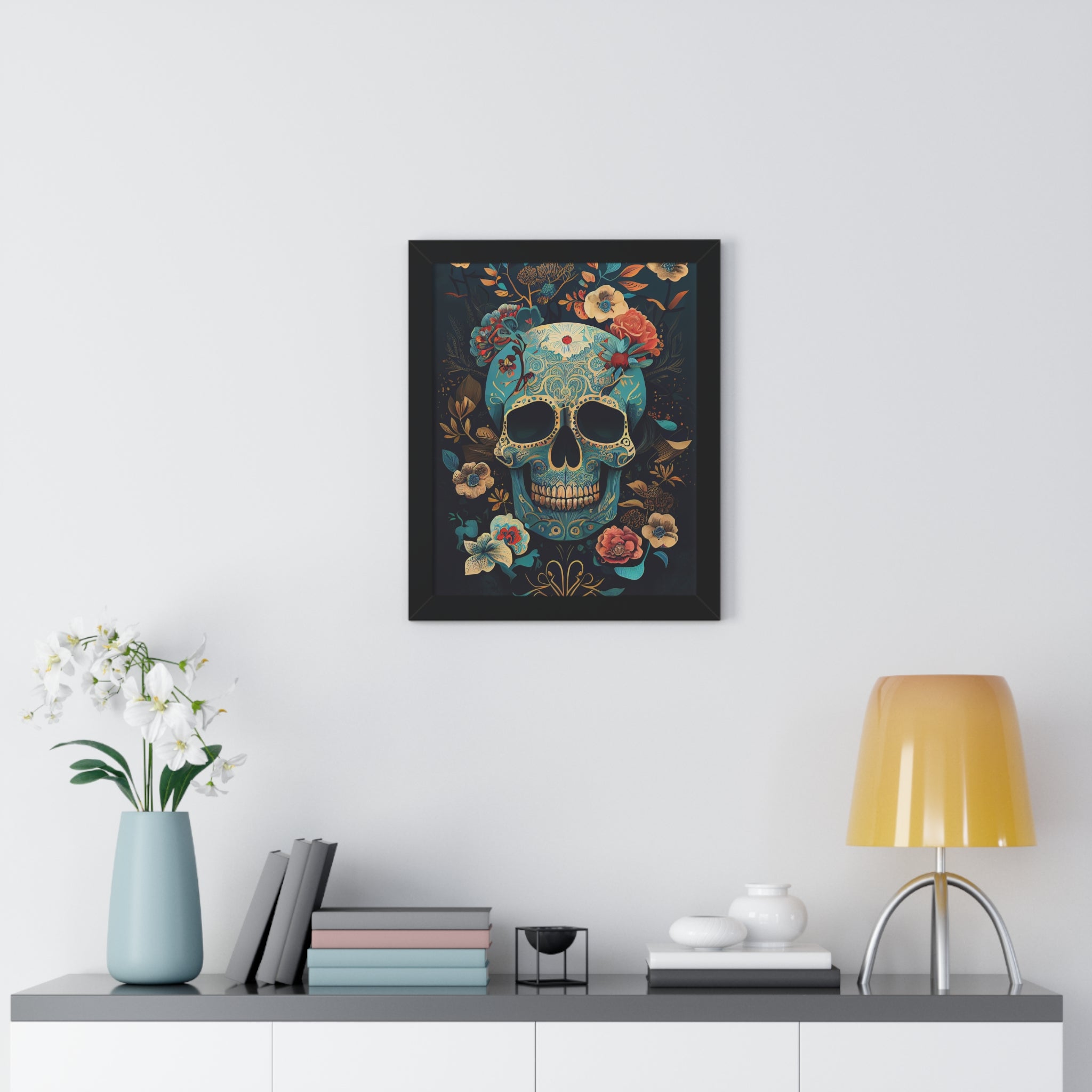 "BLUE CHINOISERIE SUGAR SKULL" Framed Vertical Poster