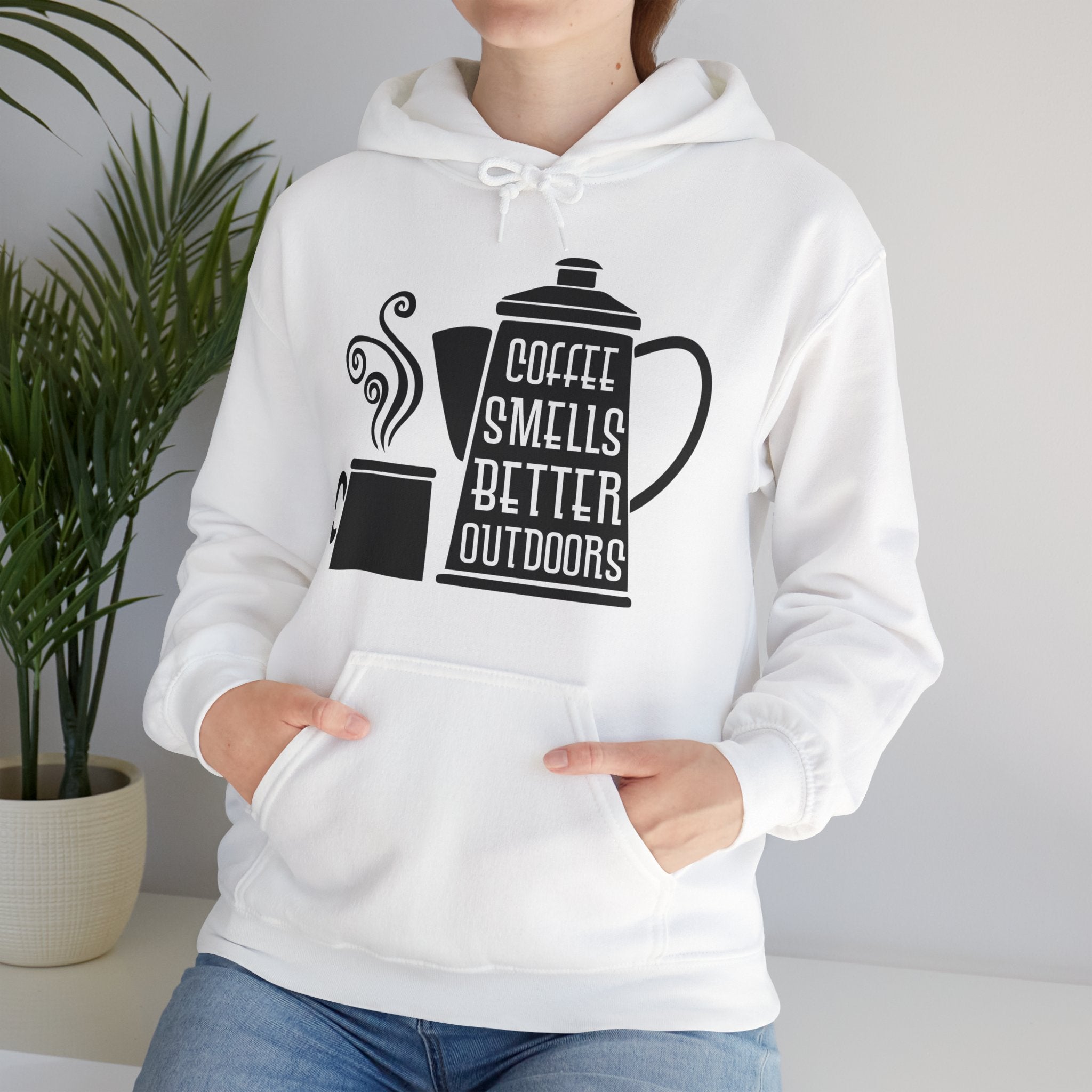 "COFFEE SMELLS BETTER OUTDOORS" Unisex Heavy Blend™ Hooded Sweatshirt