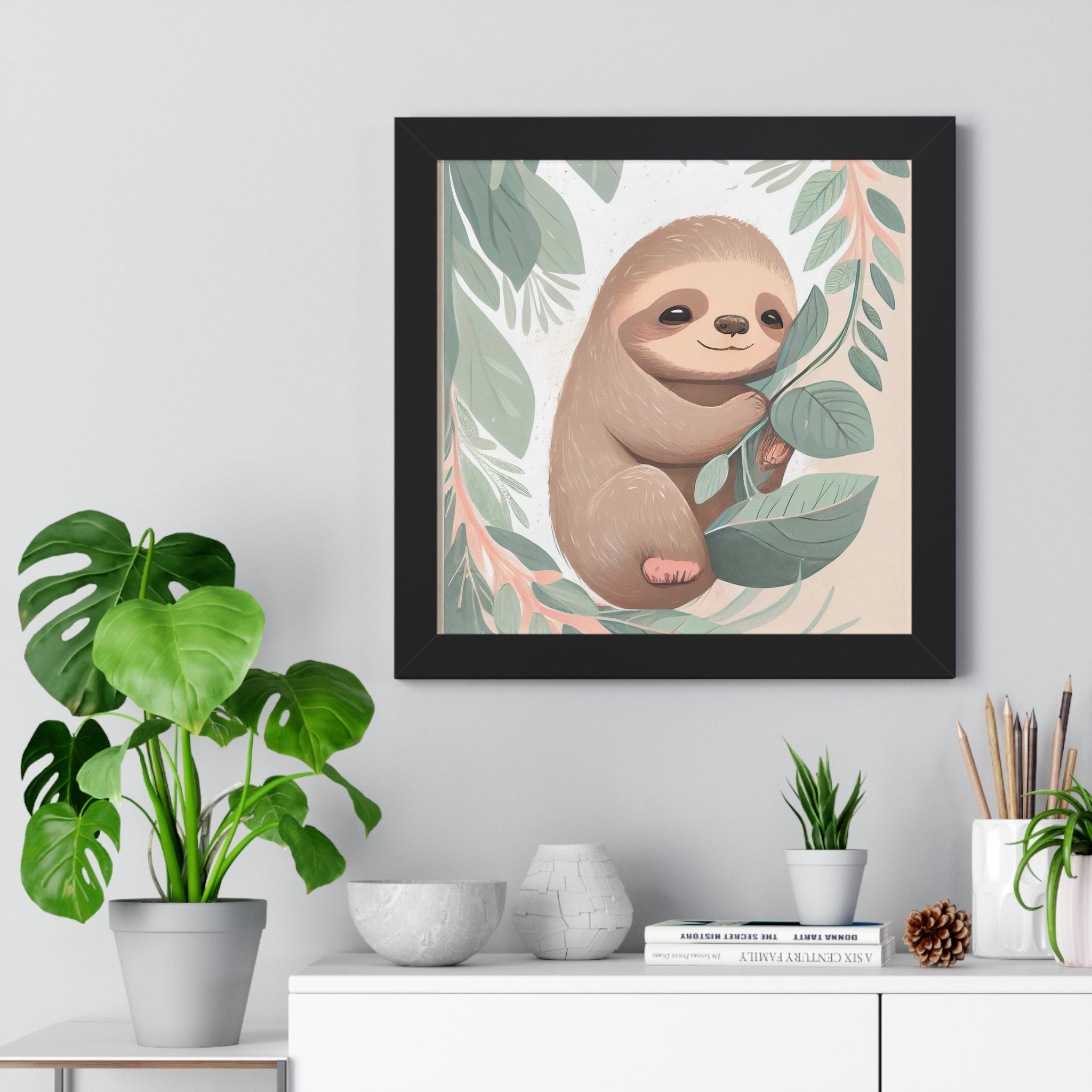 "ABSTRACT BABY SLOTH ON LEAF" Framed Vertical Poster