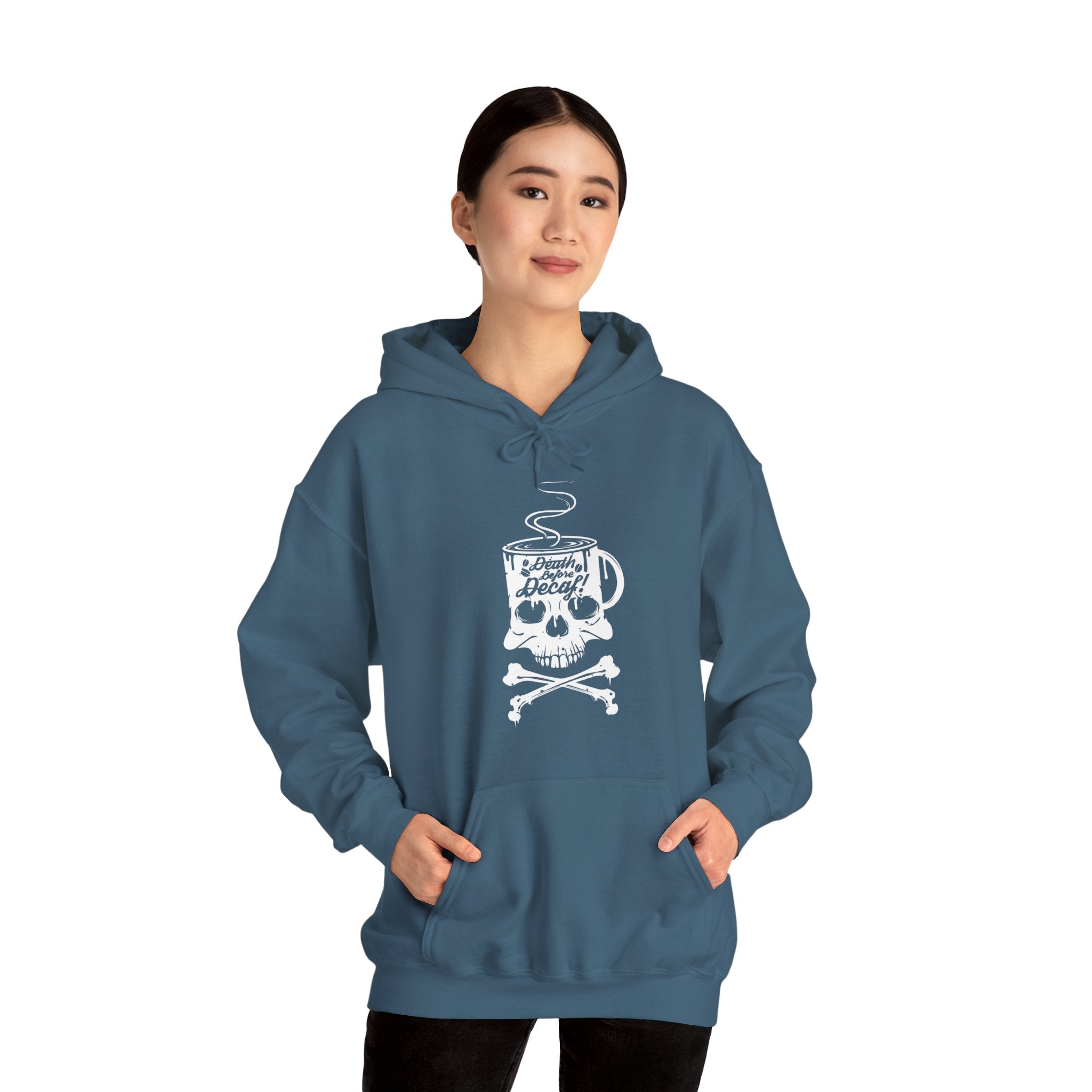 "DEATH BEFORE DECAF!" Unisex Heavy Blend™ Hooded Sweatshirt