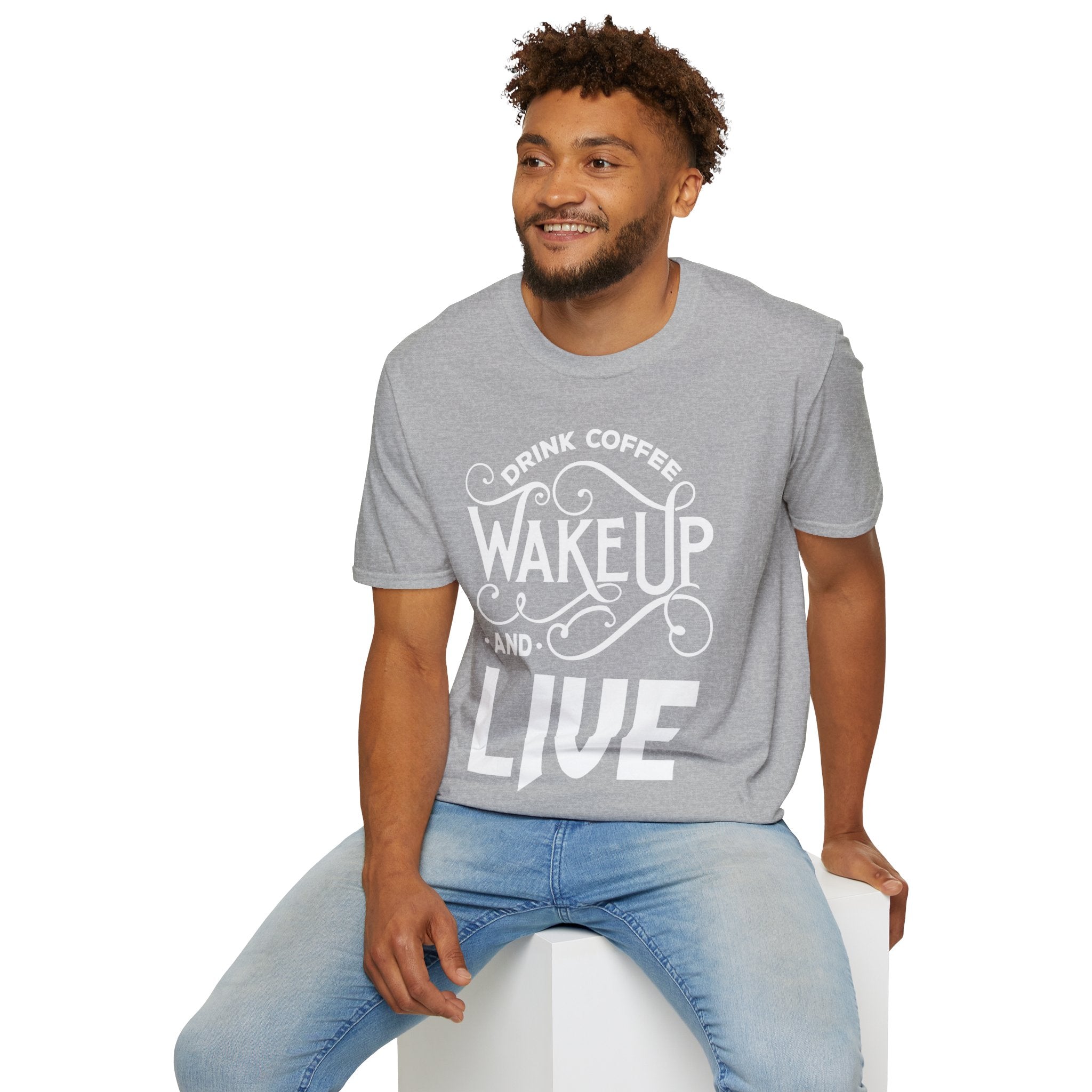 "DRINK COFFEE WAKE UP AND LIVE" Unisex Soft style T-Shirt