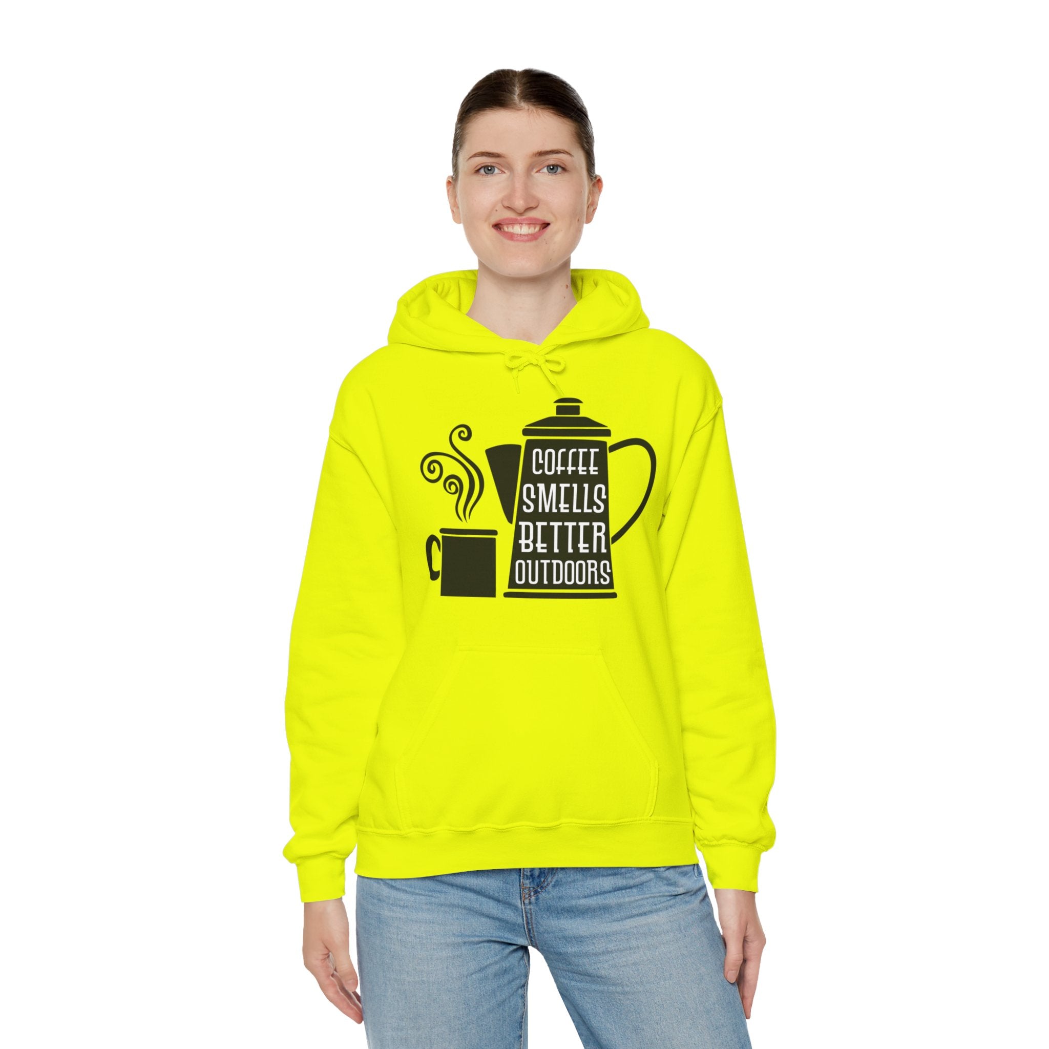 "COFFEE SMELLS BETTER OUTDOORS" Unisex Heavy Blend™ Hooded Sweatshirt