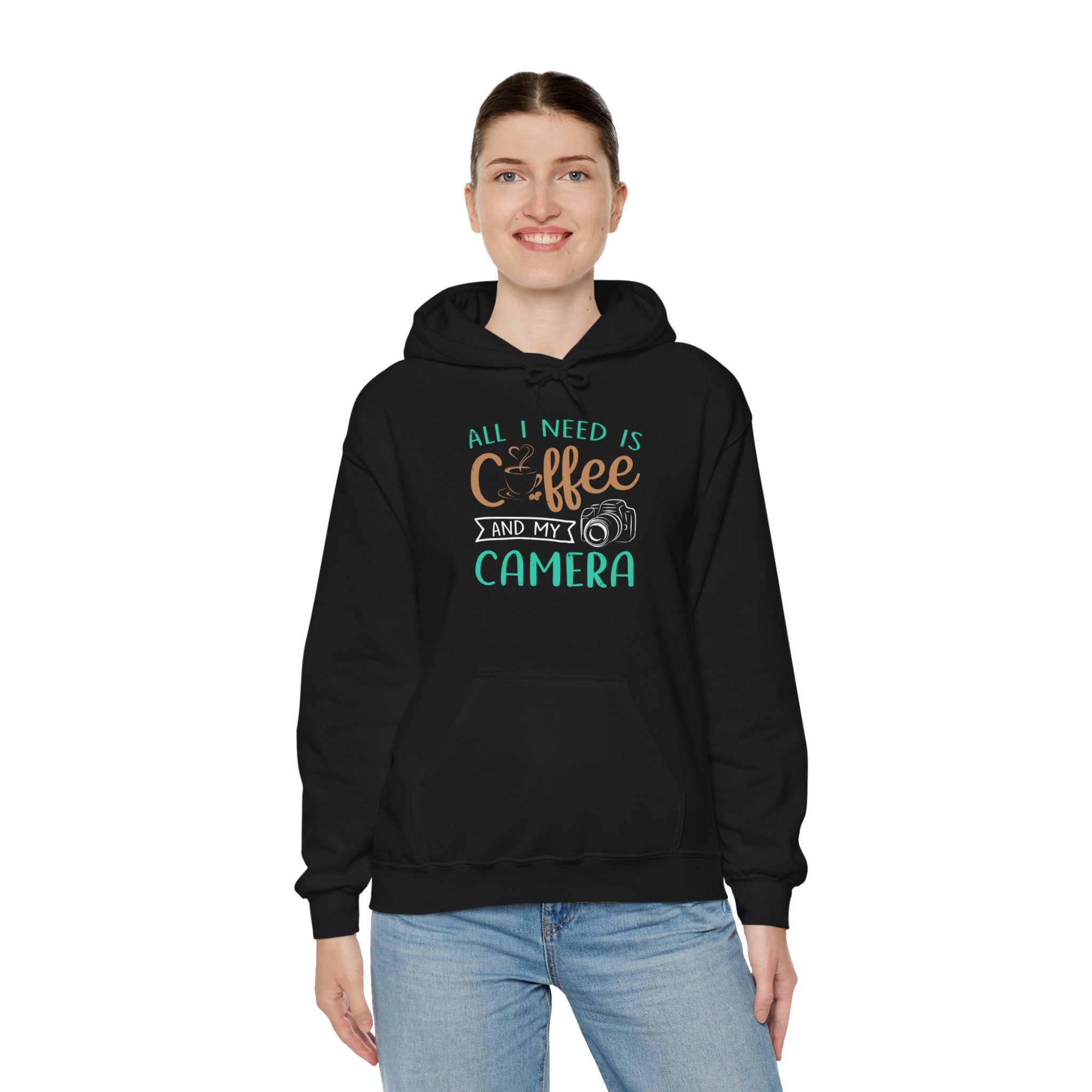 "ALL I NEED IS COFFEE AND MY CAMERA" Unisex Heavy Blend™ Hooded Sweatshirt