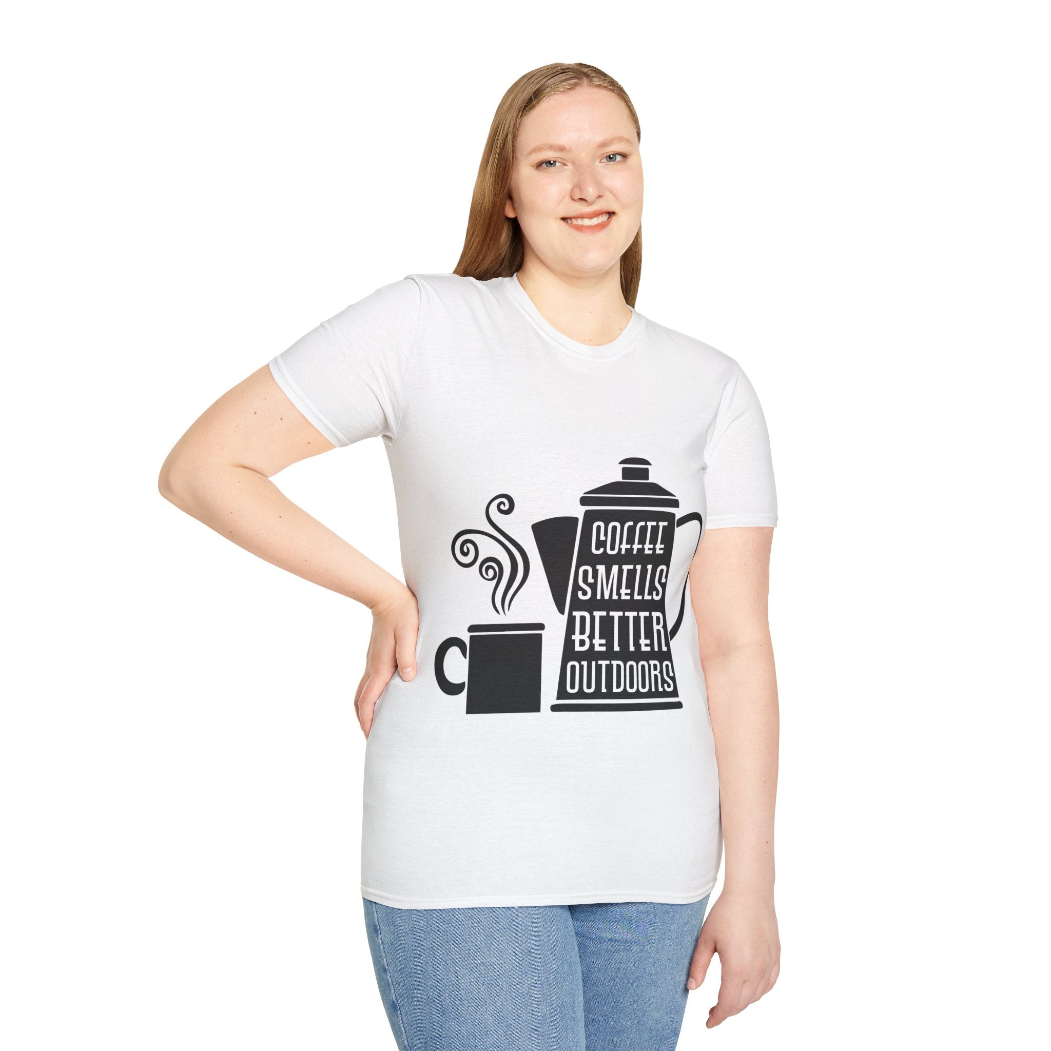 "COFFEE SMELLS BETTER OUTDOORS" Unisex Soft style T-Shirt