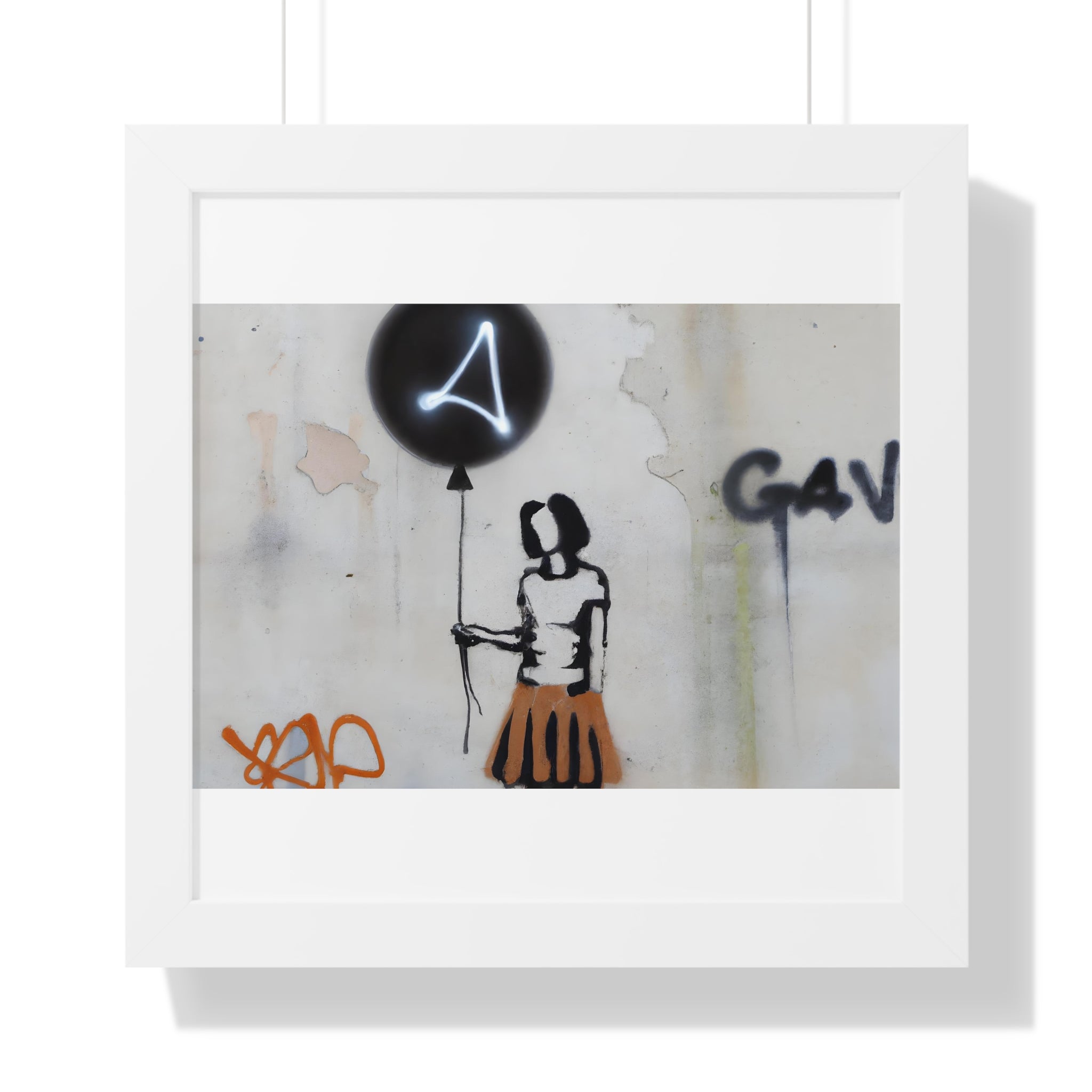 "BANKSY-STYLE GRAFFITI OF A WOMAN IN SKIRT HOLDING A BALLOON" Framed Vertical Poster