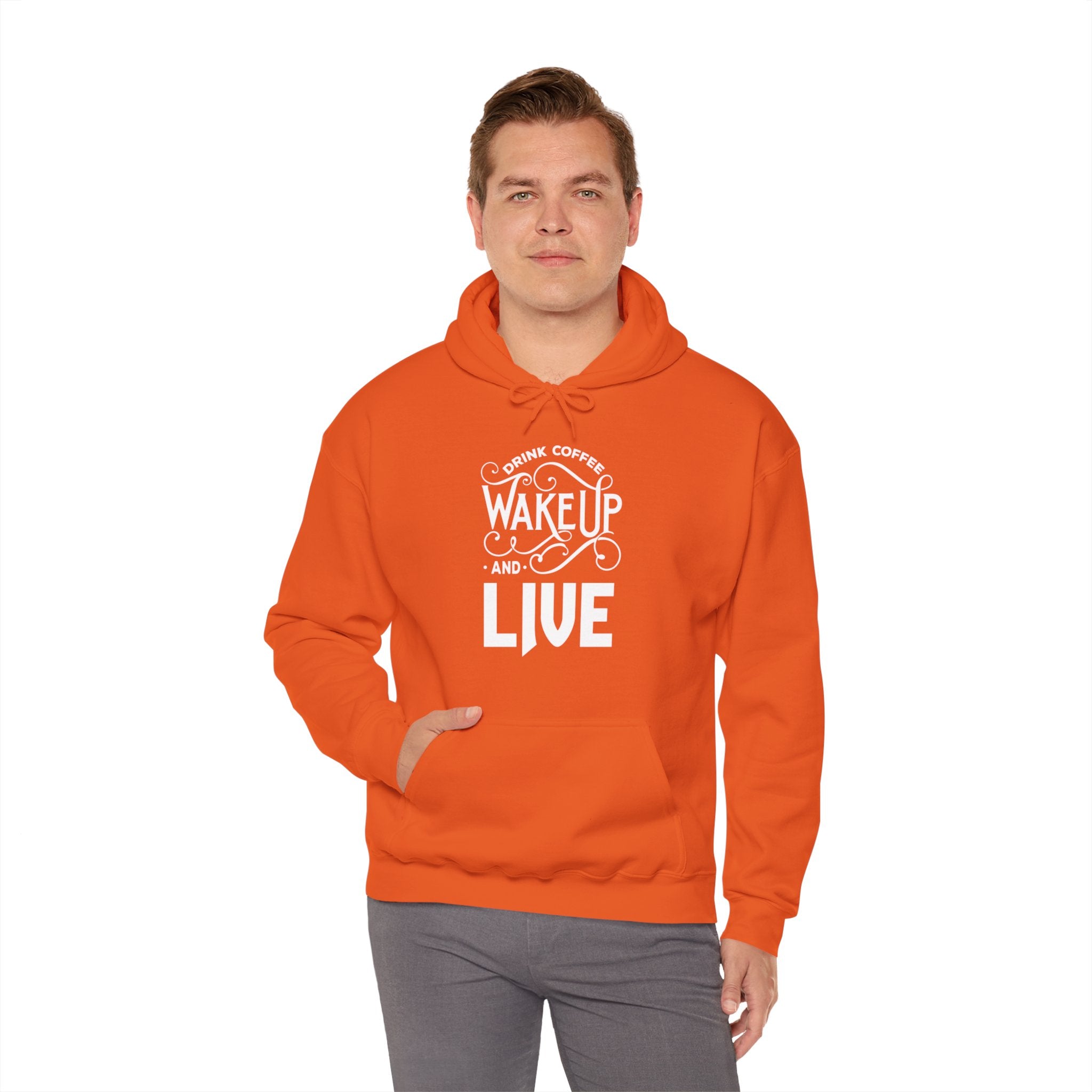 "DRINK COFFEE WAKE UP AND LIVE" Unisex Heavy Blend™ Hooded Sweatshirt