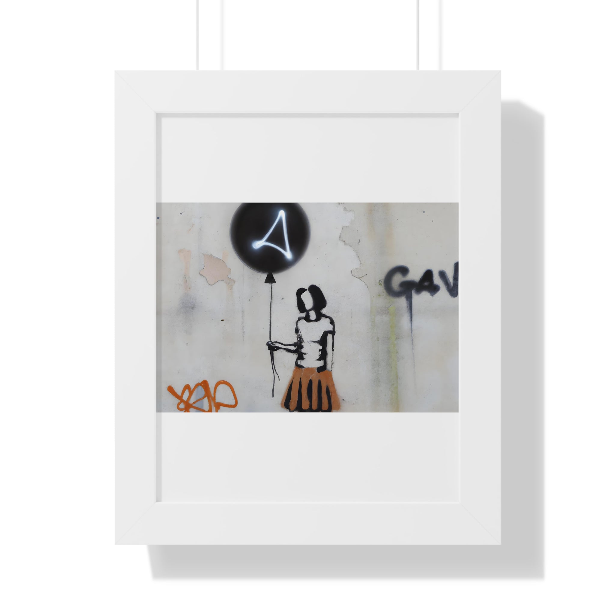 "BANKSY-STYLE GRAFFITI OF A WOMAN IN SKIRT HOLDING A BALLOON" Framed Vertical Poster