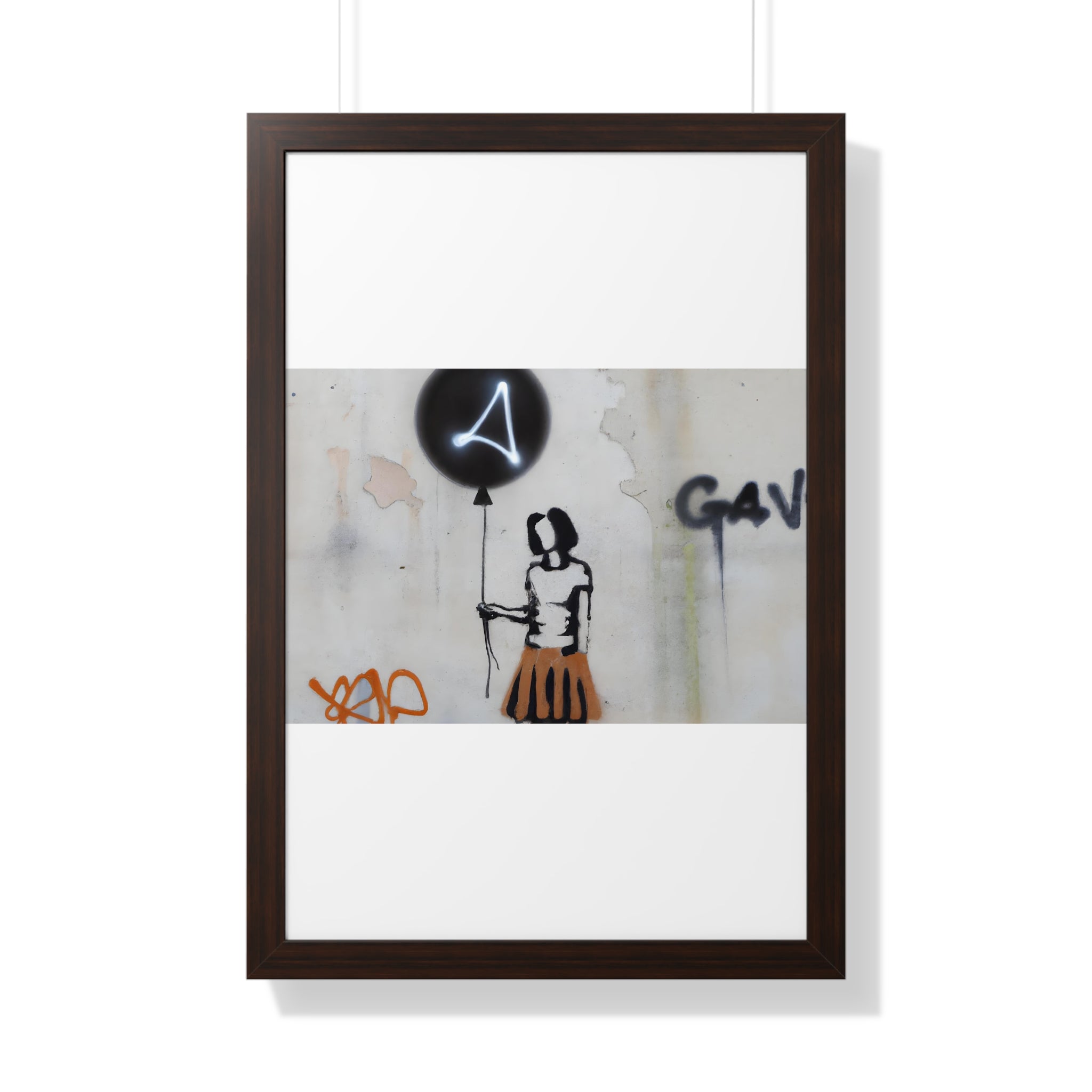 "BANKSY-STYLE GRAFFITI OF A WOMAN IN SKIRT HOLDING A BALLOON" Framed Vertical Poster