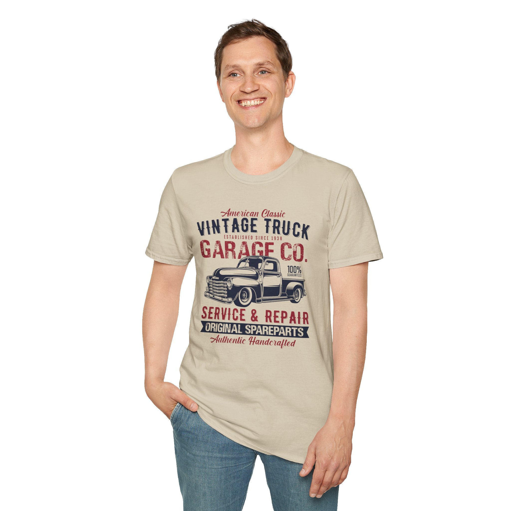 "AMERICAN CLASSIC VINTAGE TRUCK ESTABLISHED SINCE 1938 GARAGE CO. SERVICE & REPAIR ORIGINAL SPARE PARTS AUTHENTIC HANDCRAFTED" Unisex Soft style T-Shirt