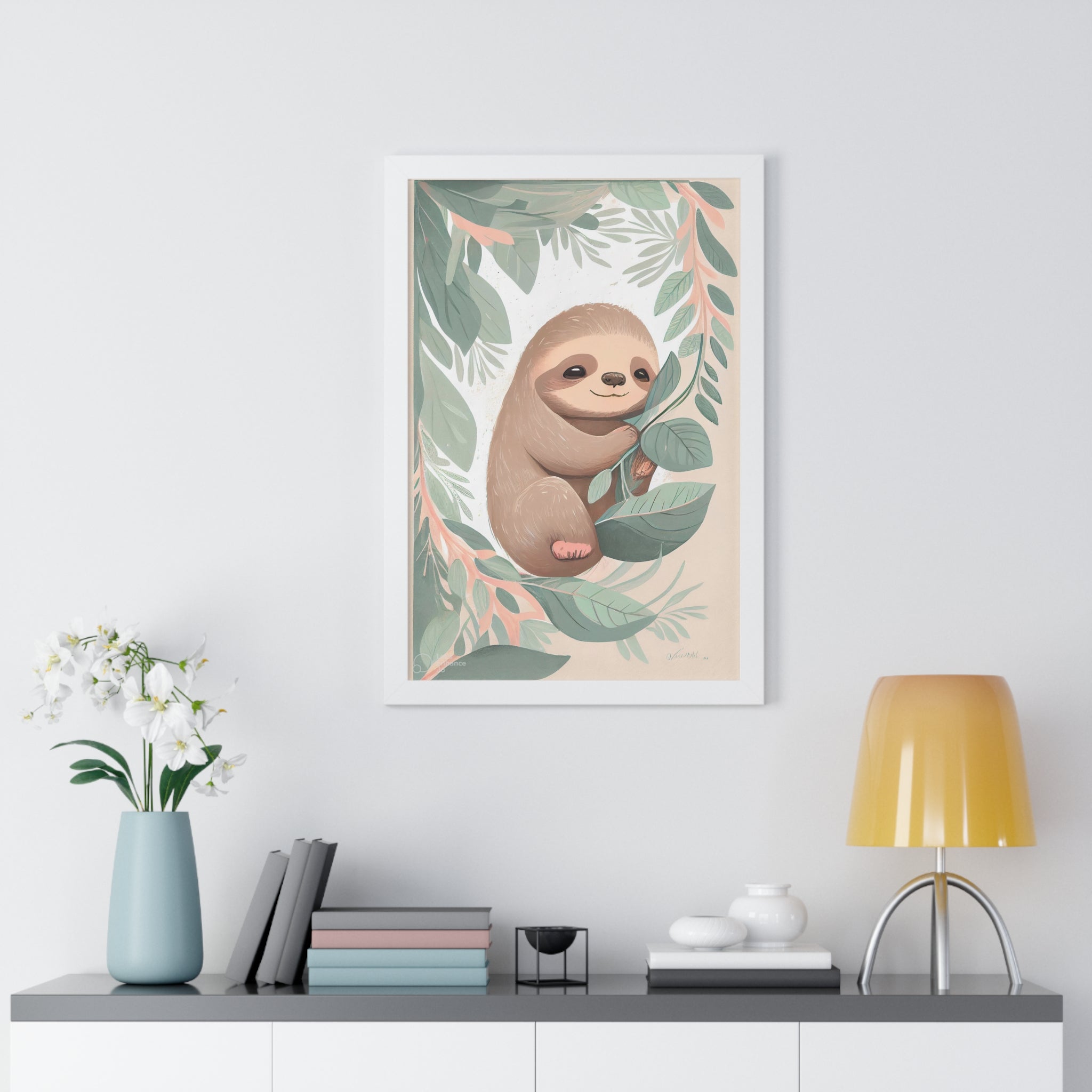 "ABSTRACT BABY SLOTH ON LEAF" Framed Vertical Poster