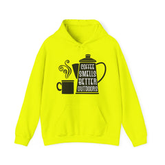 "COFFEE SMELLS BETTER OUTDOORS" Unisex Heavy Blend™ Hooded Sweatshirt