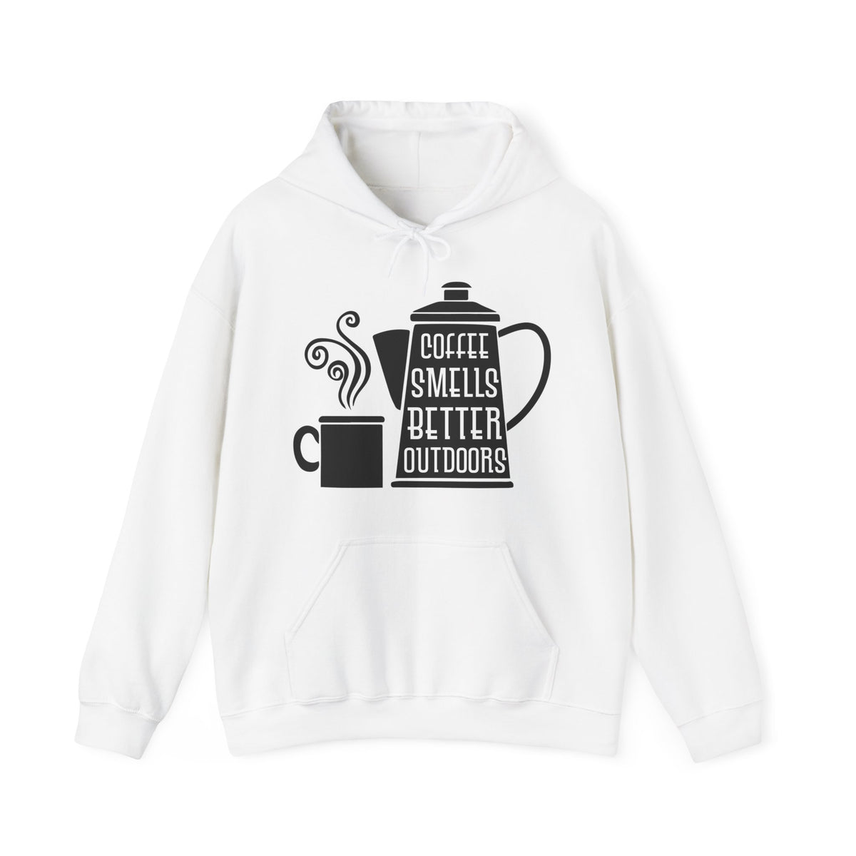 "COFFEE SMELLS BETTER OUTDOORS" Unisex Heavy Blend™ Hooded Sweatshirt