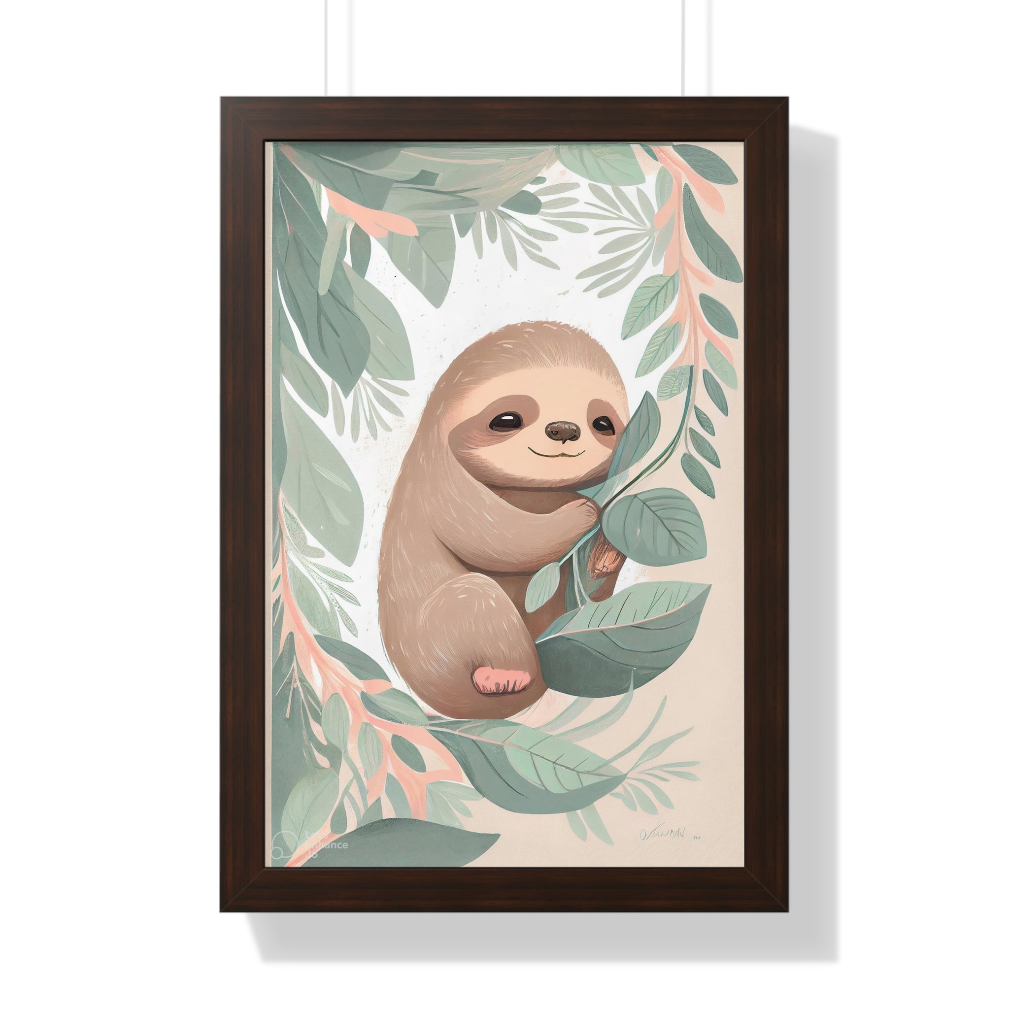 "ABSTRACT BABY SLOTH ON LEAF" Framed Vertical Poster