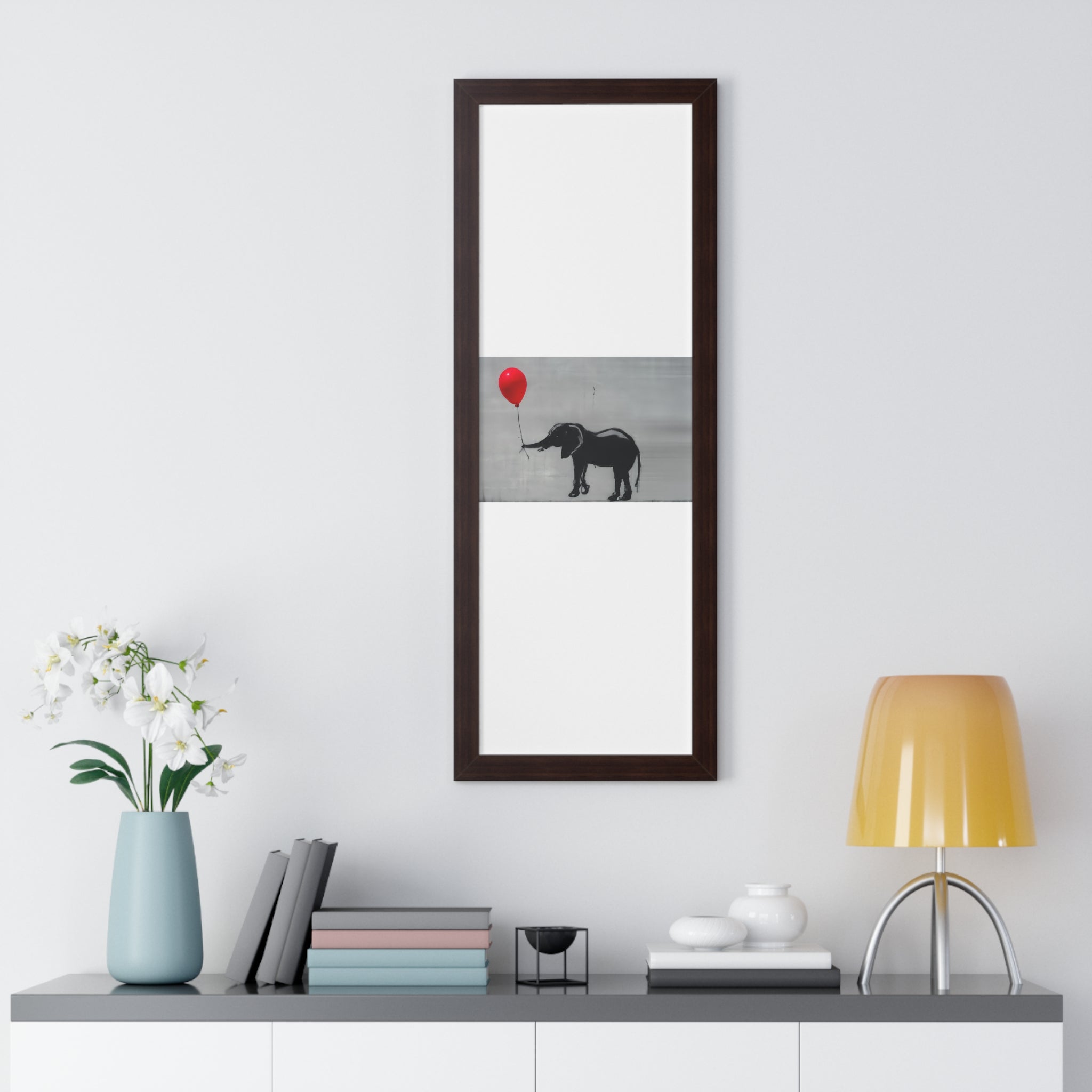 "BANKSY-STYLE ELEPHANT HOLDING A RED BALLOON" Framed Vertical Poster