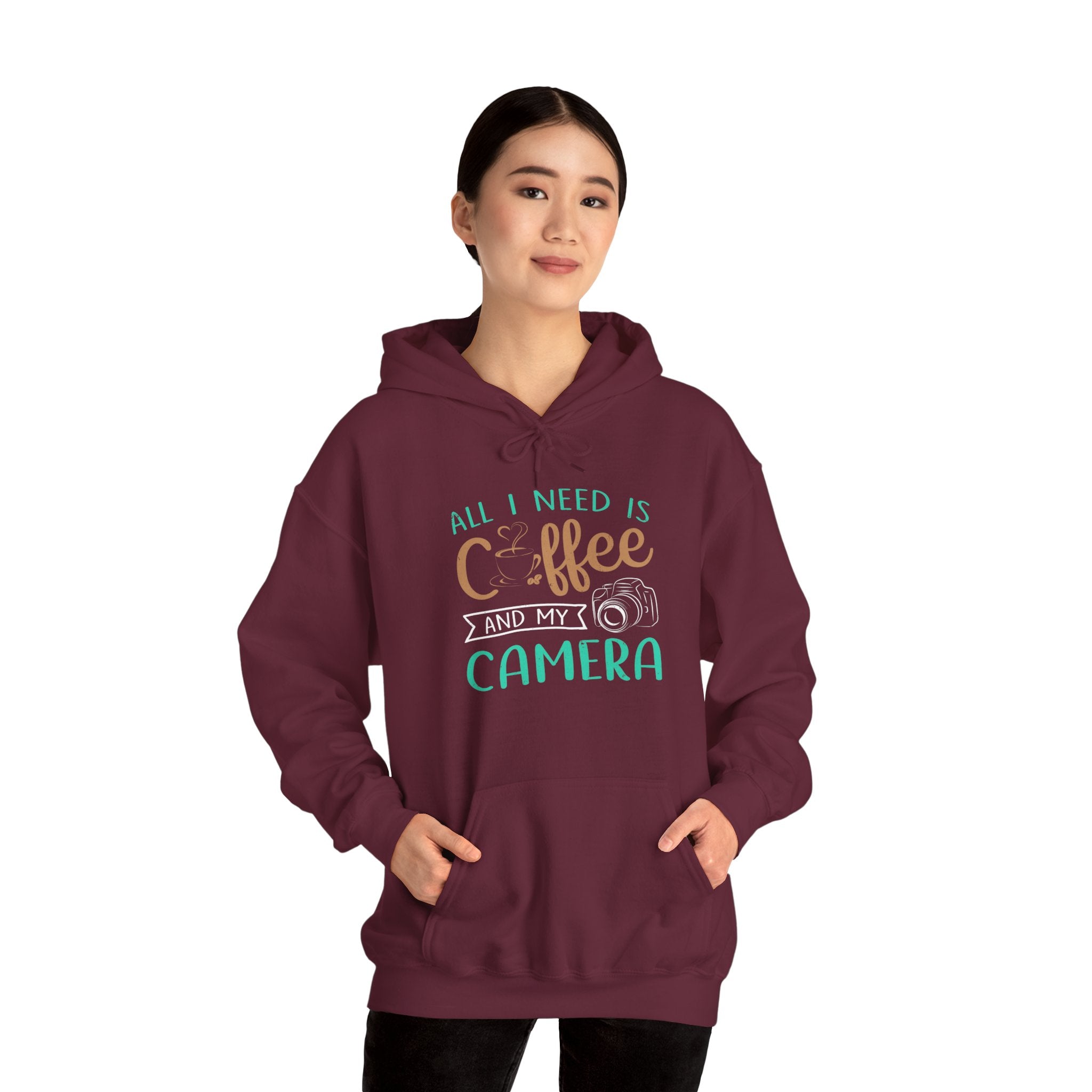 "ALL I NEED IS COFFEE AND MY CAMERA" Unisex Heavy Blend™ Hooded Sweatshirt