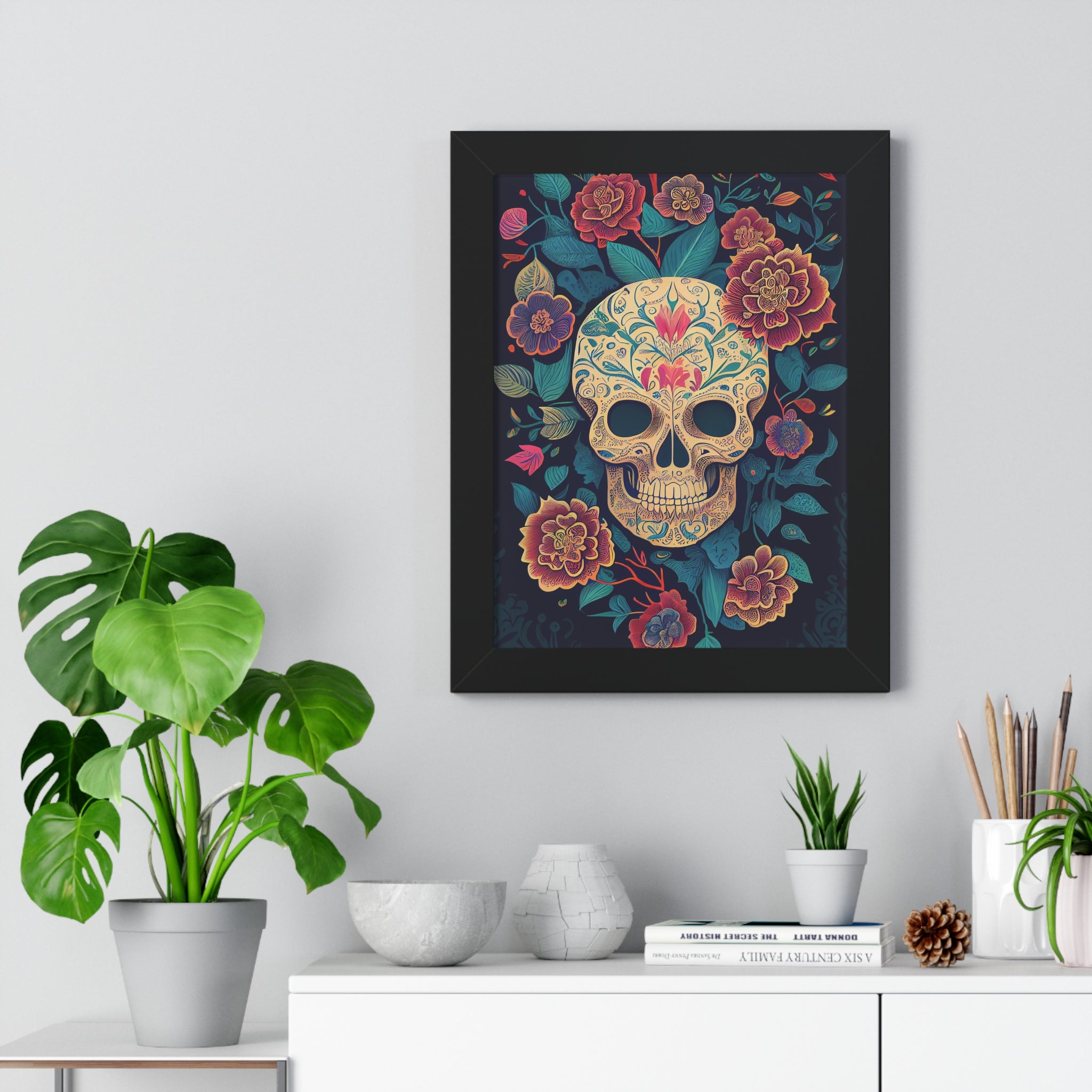 "BEIGE CHINOISERIE SUGAR SKULL" Framed Vertical Poster