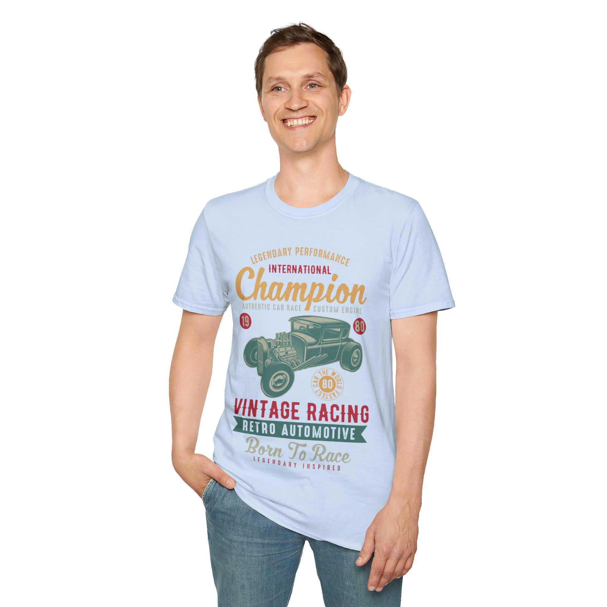 "CHAMPION VINTAGE RACING RETRO AUTOMATIVE BORN TO RACE" Unisex Soft style T-Shirt