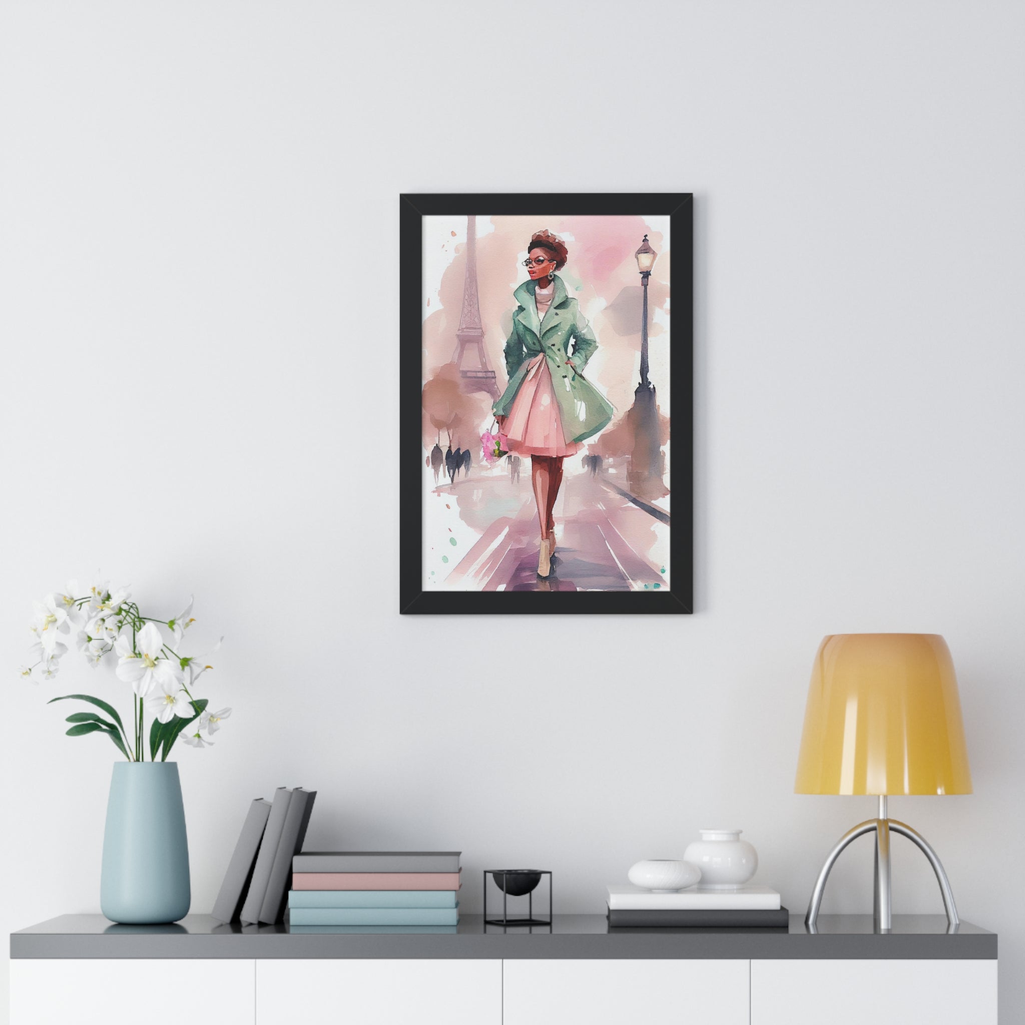 "BLACK WOMAN PARIS GLASSES" Framed Vertical Poster