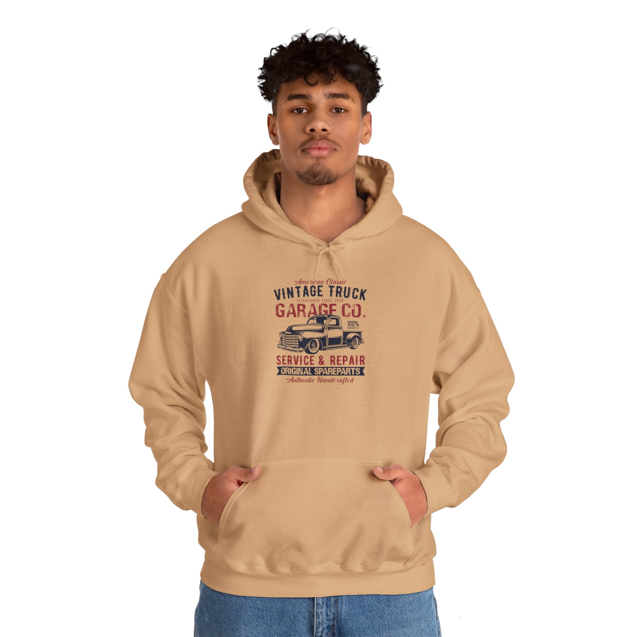 "AMERICAN CLASSIC VINTAGE TRUCK ESTABLISHED SINCE 1938 GARAGE CO. SERVICE & REPAIR ORIGINAL SPARE PARTS AUTHENTIC HANDCRAFTED" Unisex Heavy Blend™ Hooded Sweatshirt