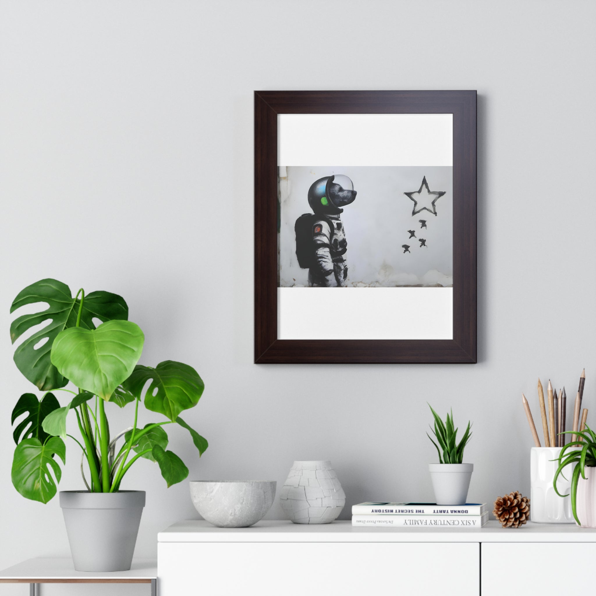 "BANKSY-STYLE ASTRONAUT DOG LOOKING TO THE STARS" Framed Vertical Poster