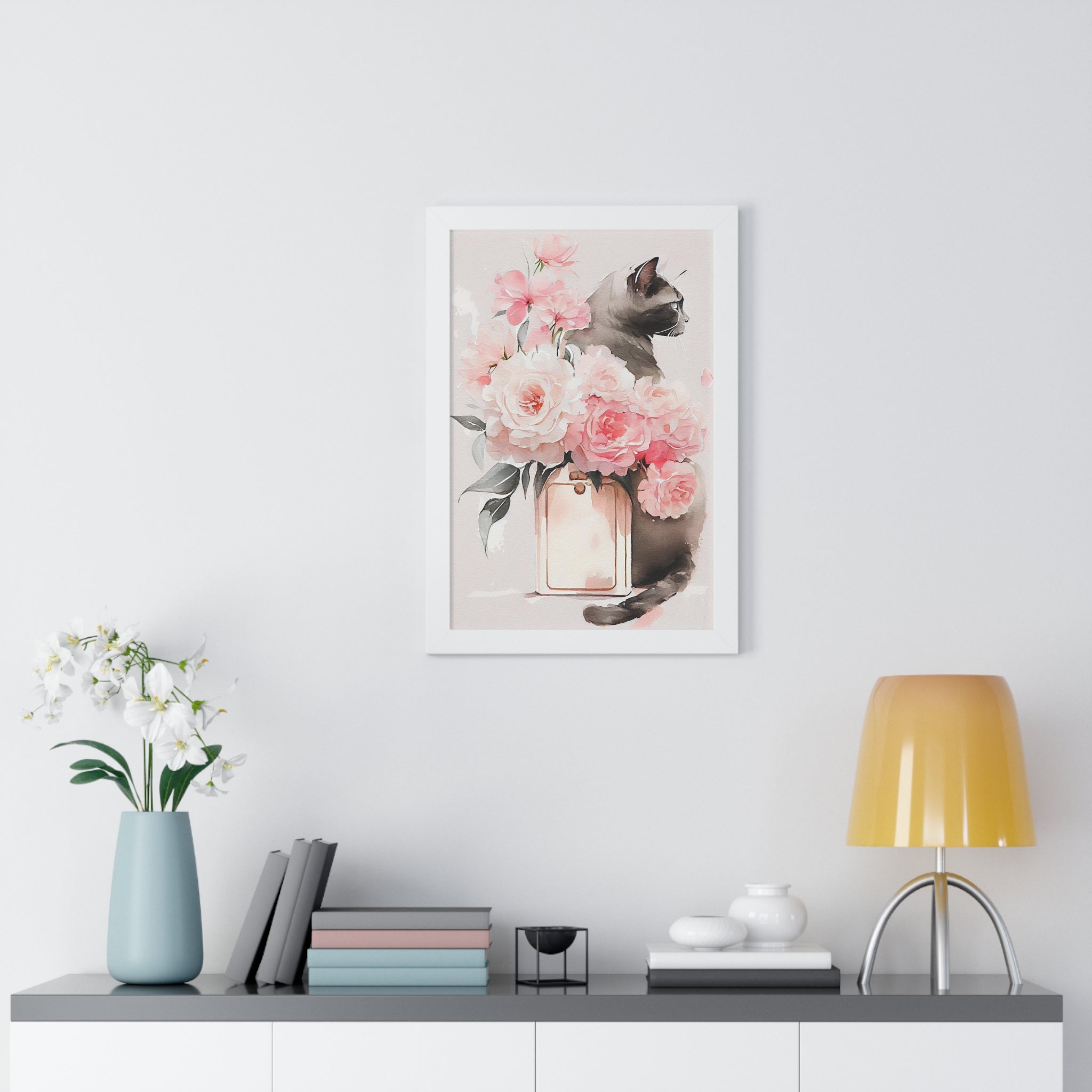 "BLACK CAT PERFUME PEONIES" Framed Vertical Poster