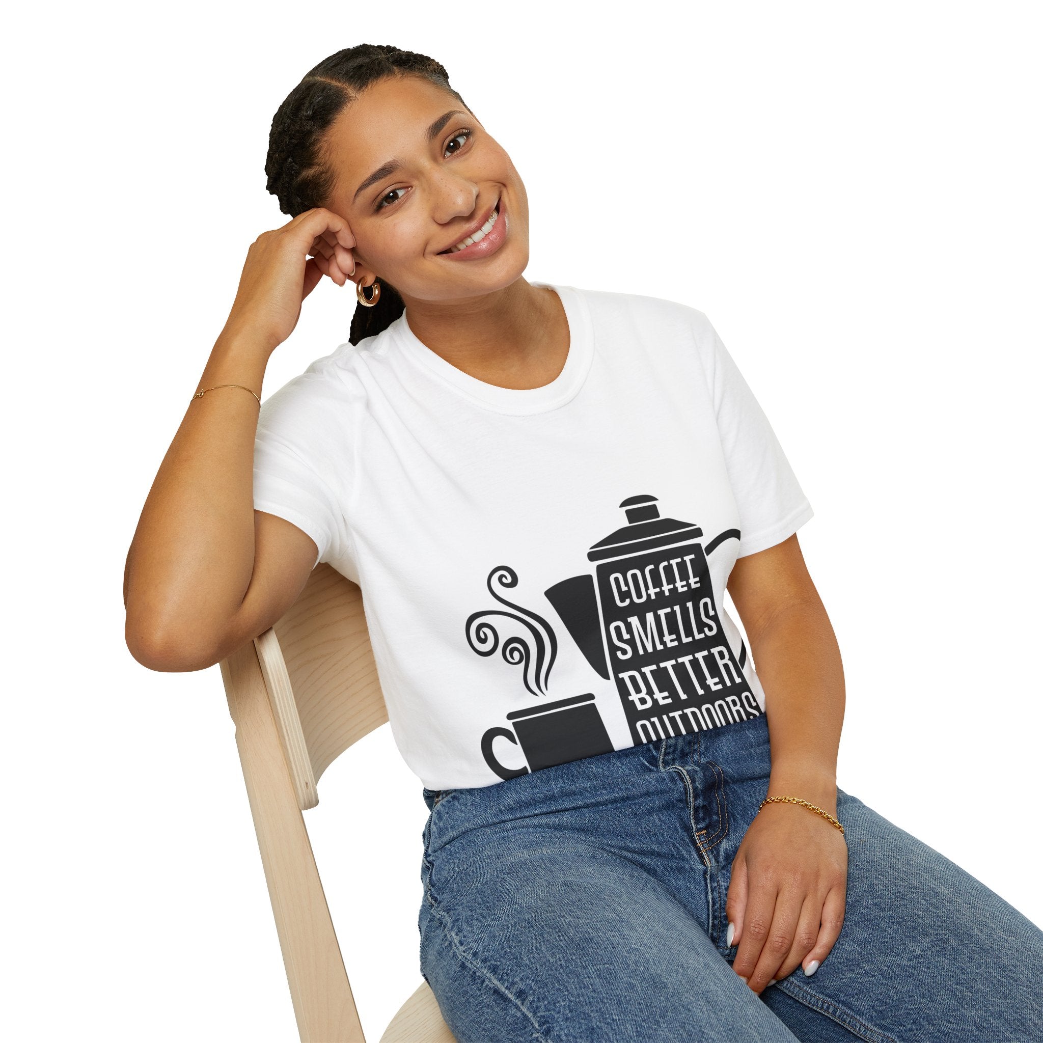 "COFFEE SMELLS BETTER OUTDOORS" Unisex Soft style T-Shirt