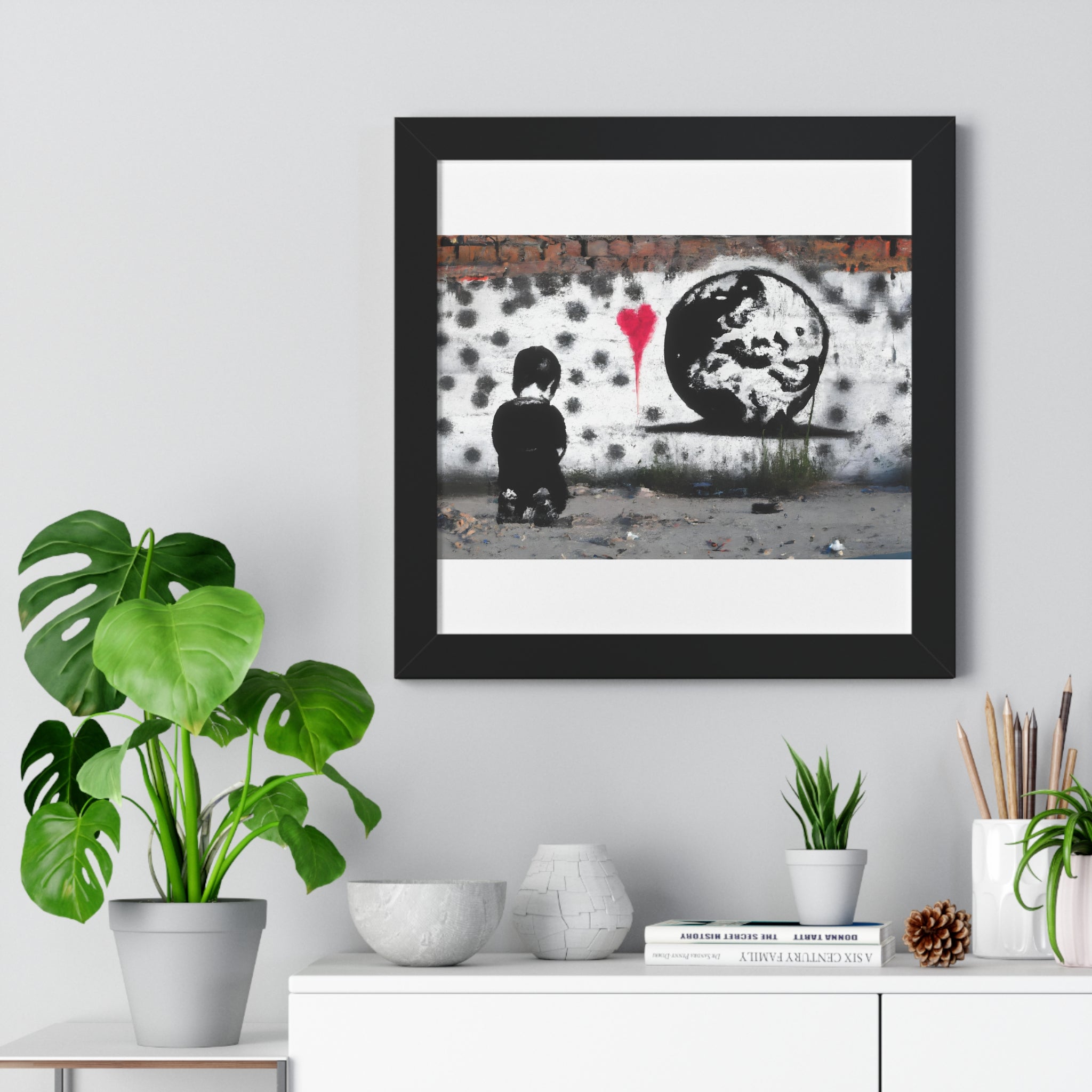 "BANKSY-STYLE GRAFFITI OF A SAD CHILD LOOKING AT DESTROYED EARTH" Framed Vertical Poster