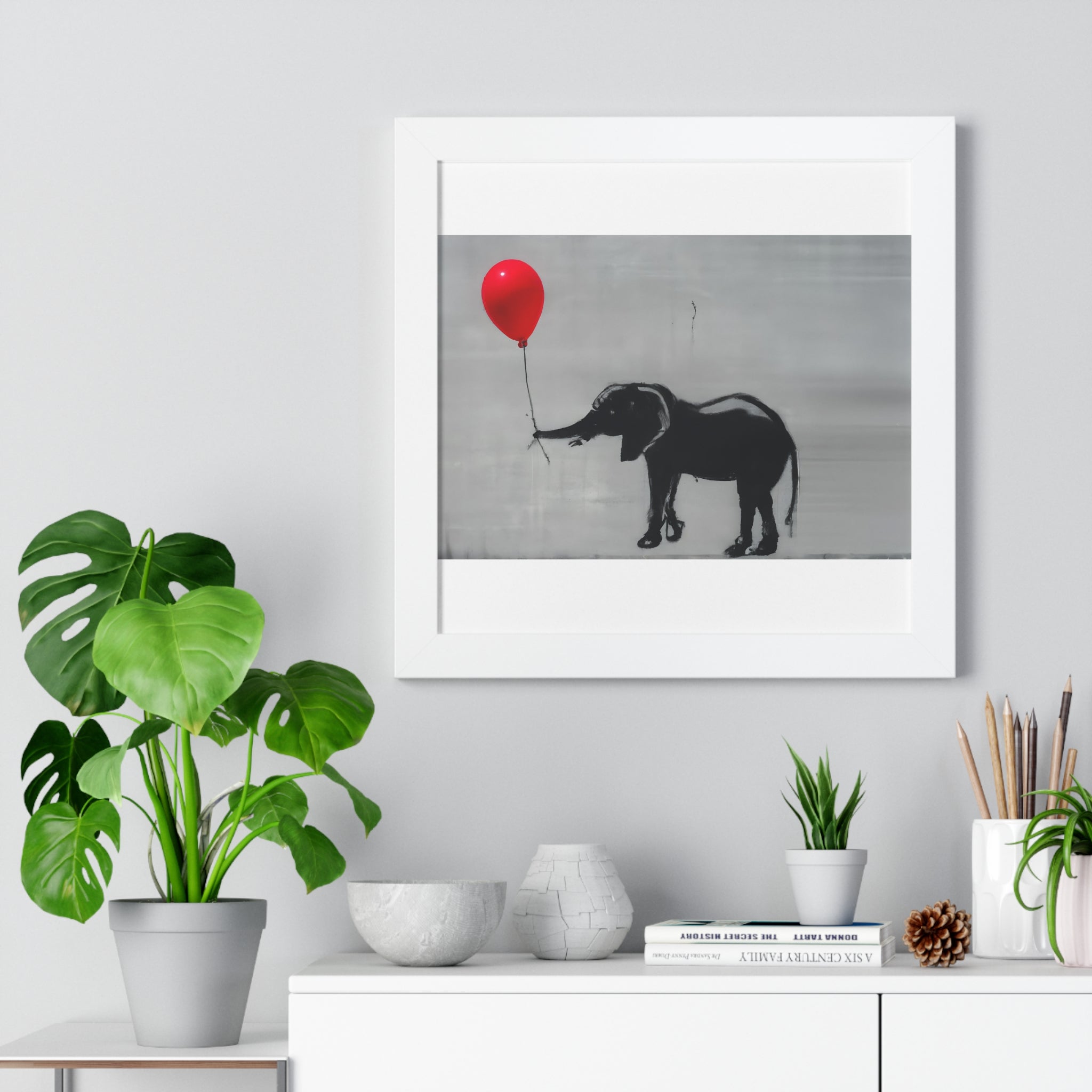 "BANKSY-STYLE ELEPHANT HOLDING A RED BALLOON" Framed Vertical Poster