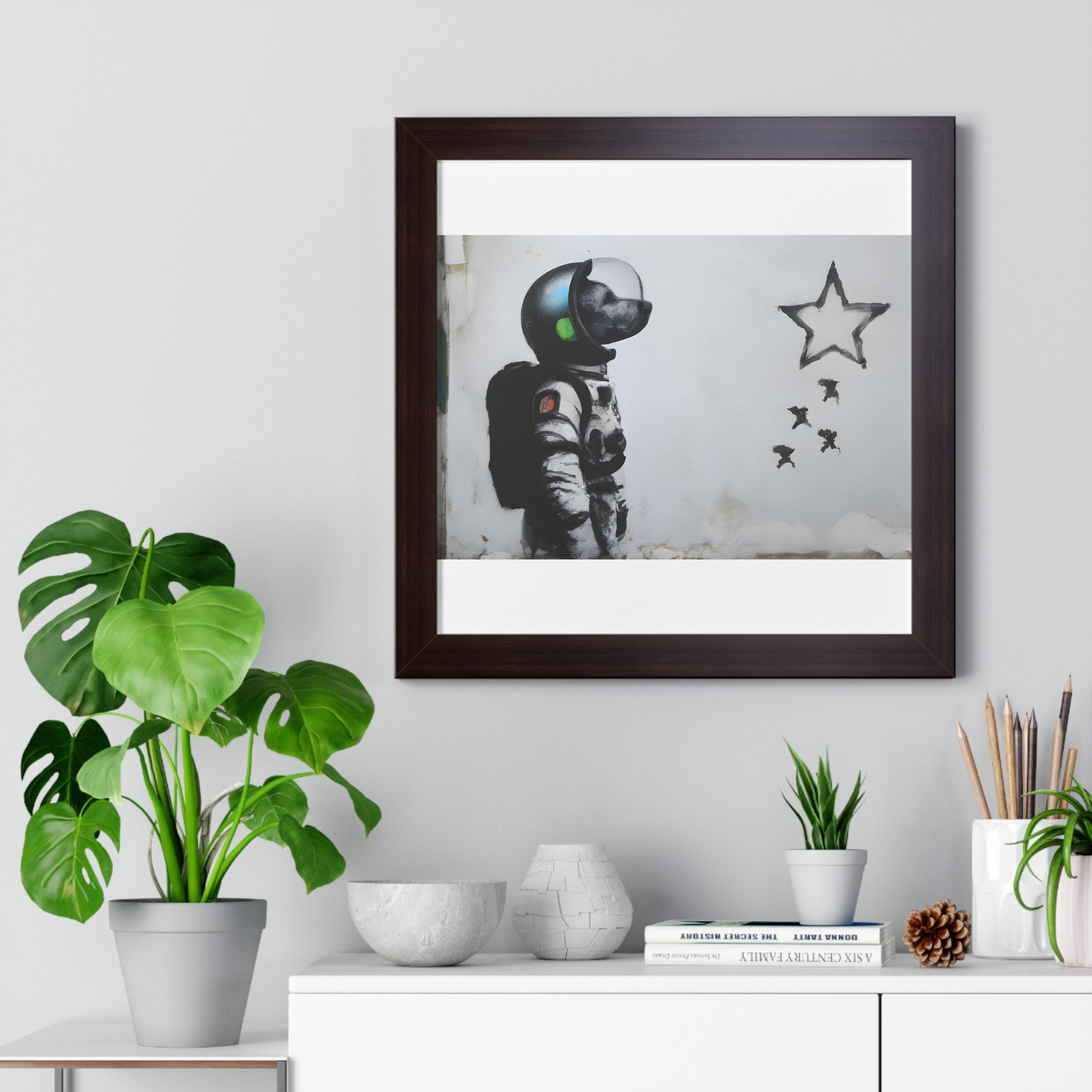 "BANKSY-STYLE ASTRONAUT DOG LOOKING TO THE STARS" Framed Vertical Poster