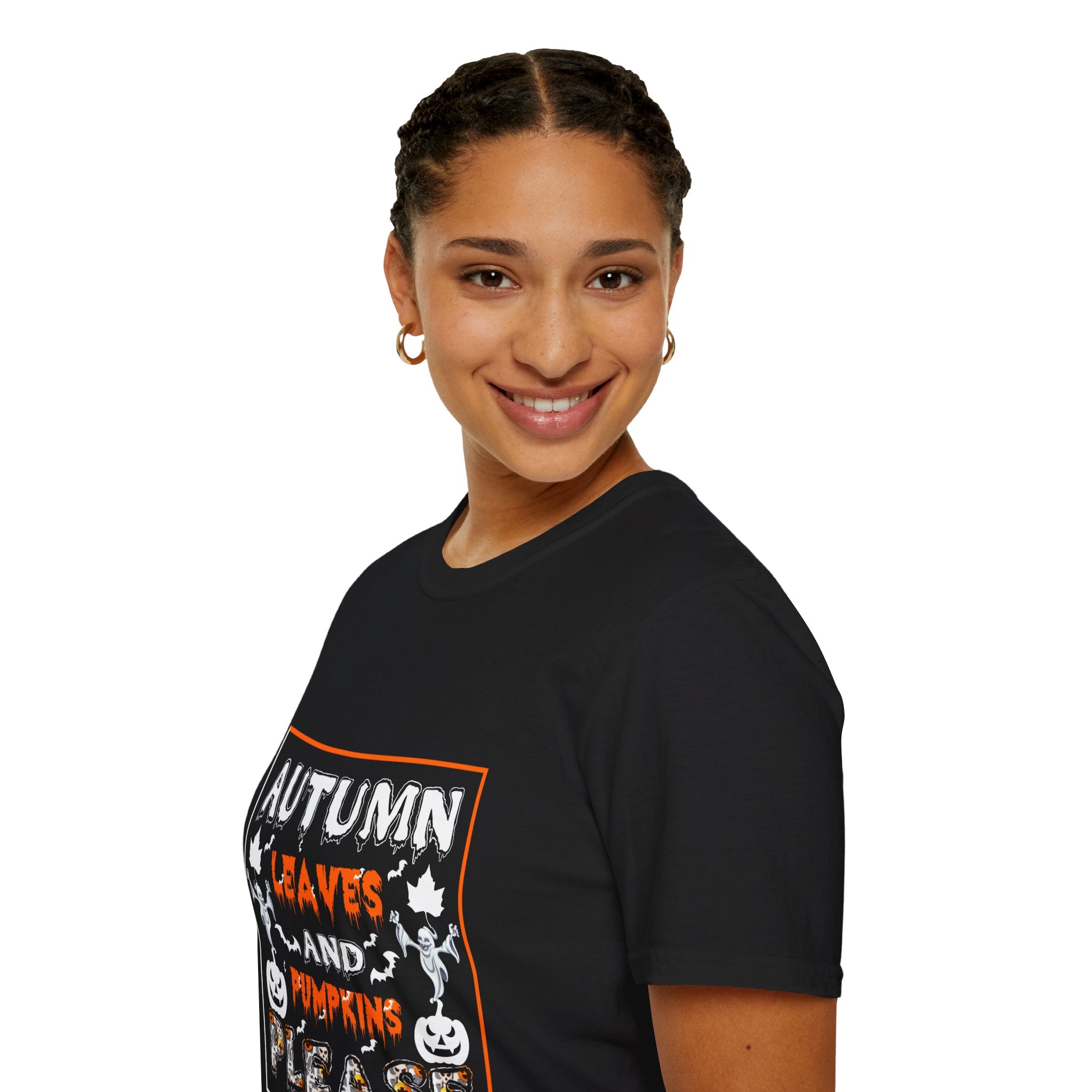 "AUTUMN LEAVES AND PUMPKINS PLEASE" Unisex Soft style T-Shirt