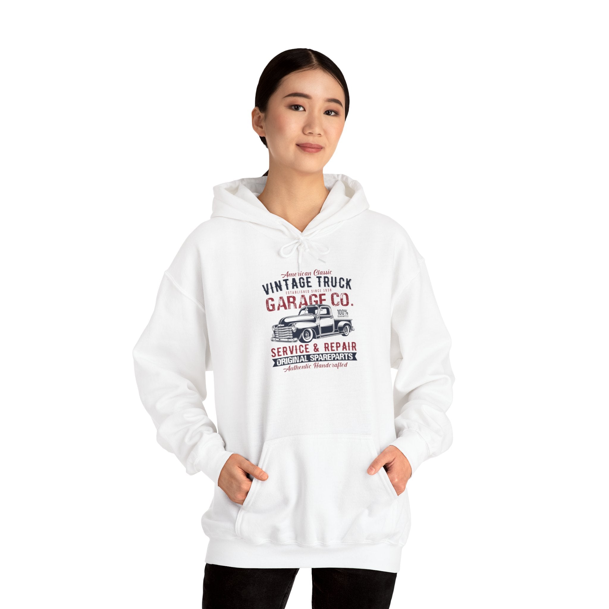 "AMERICAN CLASSIC VINTAGE TRUCK ESTABLISHED SINCE 1938 GARAGE CO. SERVICE & REPAIR ORIGINAL SPARE PARTS AUTHENTIC HANDCRAFTED" Unisex Heavy Blend™ Hooded Sweatshirt