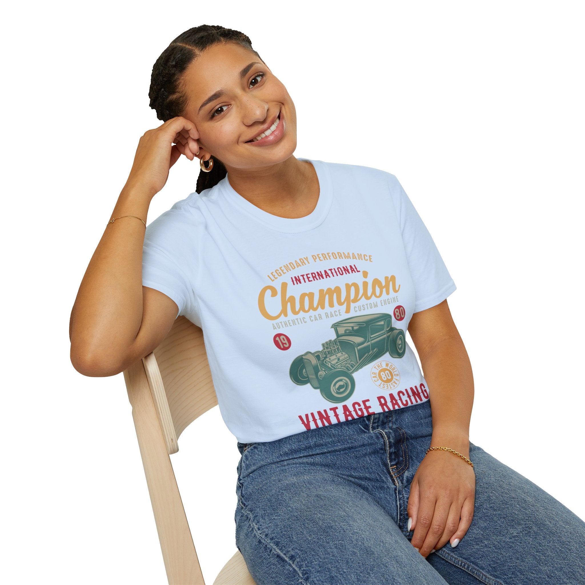 "CHAMPION VINTAGE RACING RETRO AUTOMATIVE BORN TO RACE" Unisex Soft style T-Shirt