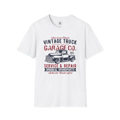 "AMERICAN CLASSIC VINTAGE TRUCK ESTABLISHED SINCE 1938 GARAGE CO. SERVICE & REPAIR ORIGINAL SPARE PARTS AUTHENTIC HANDCRAFTED" Unisex Soft style T-Shirt