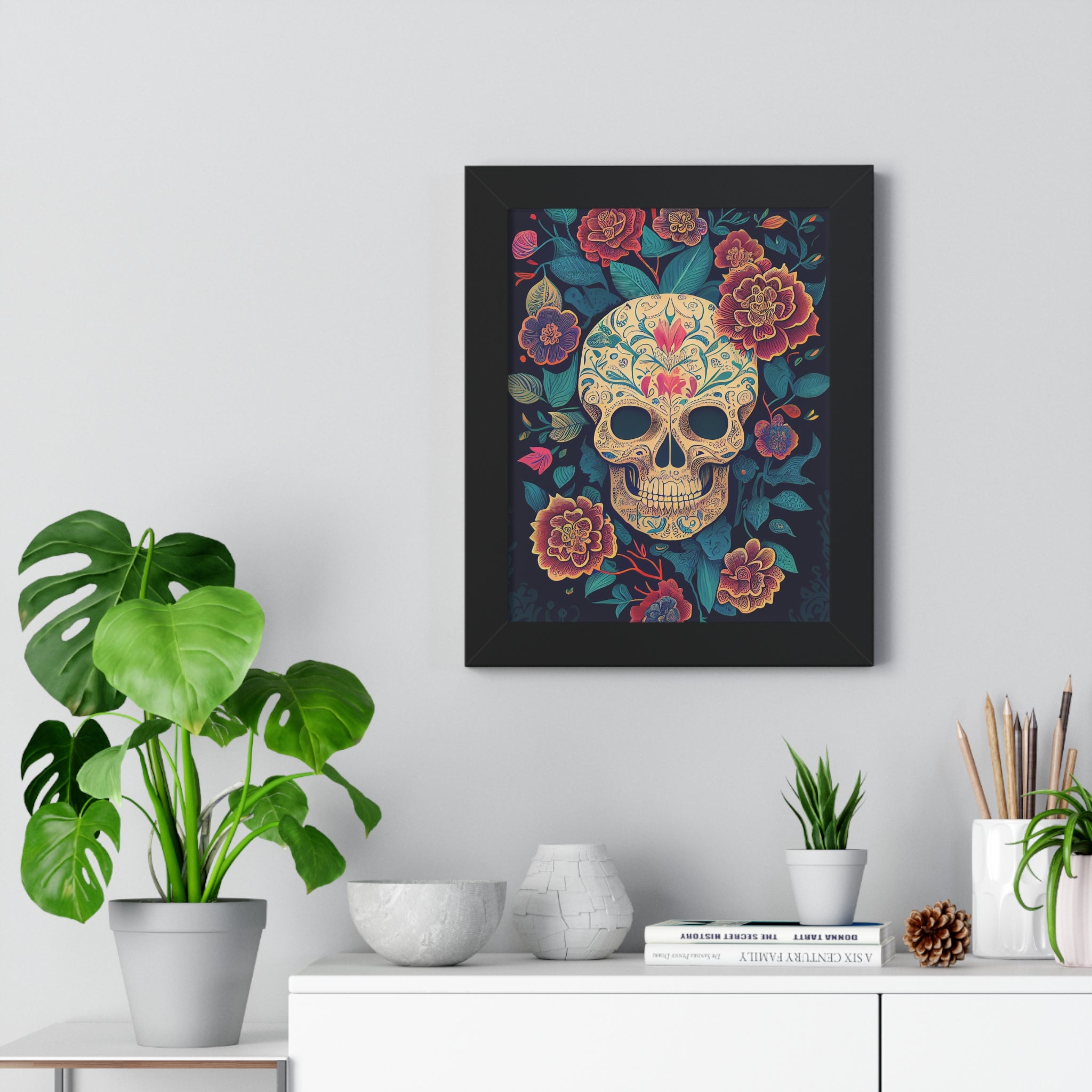 "BEIGE CHINOISERIE SUGAR SKULL" Framed Vertical Poster