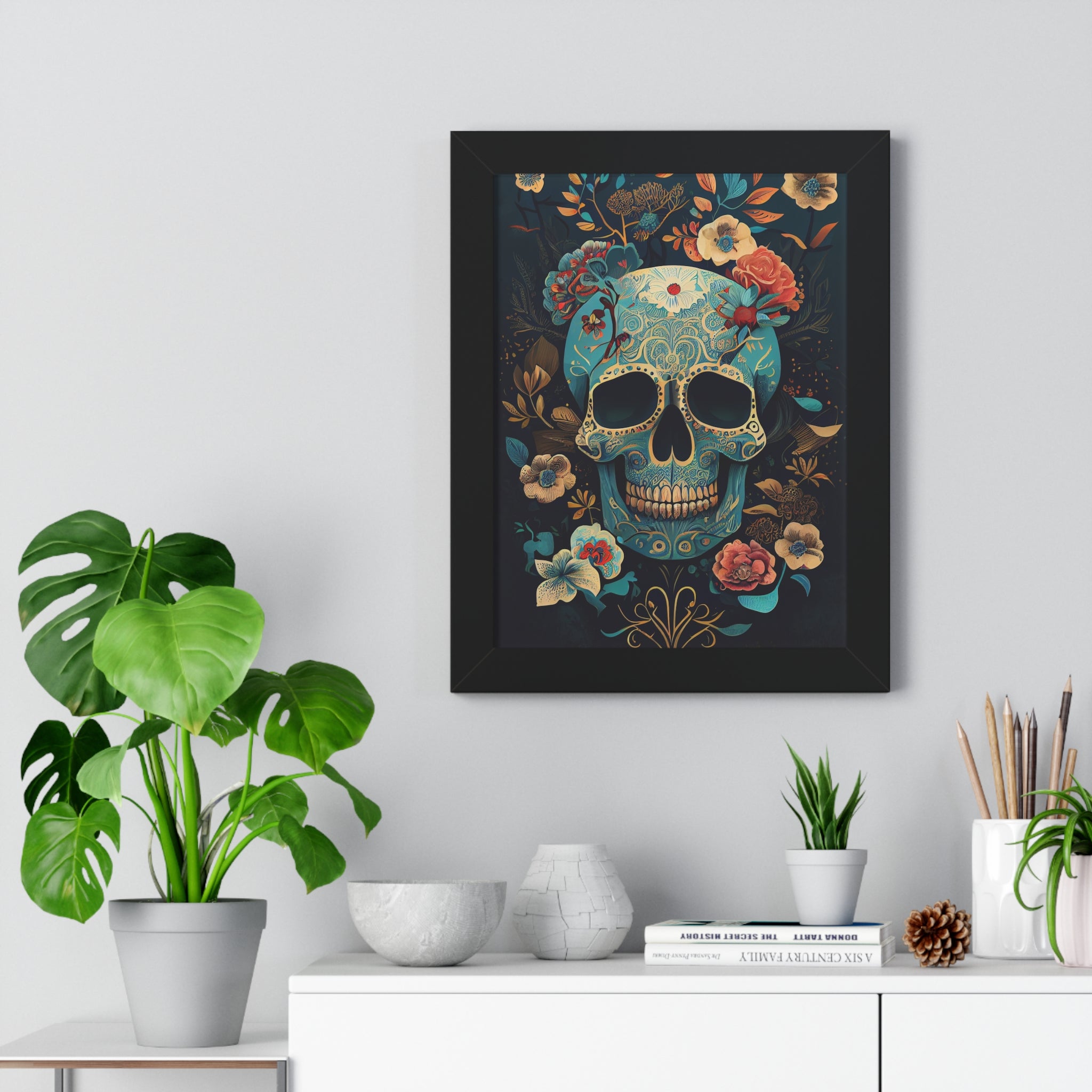 "BLUE CHINOISERIE SUGAR SKULL" Framed Vertical Poster