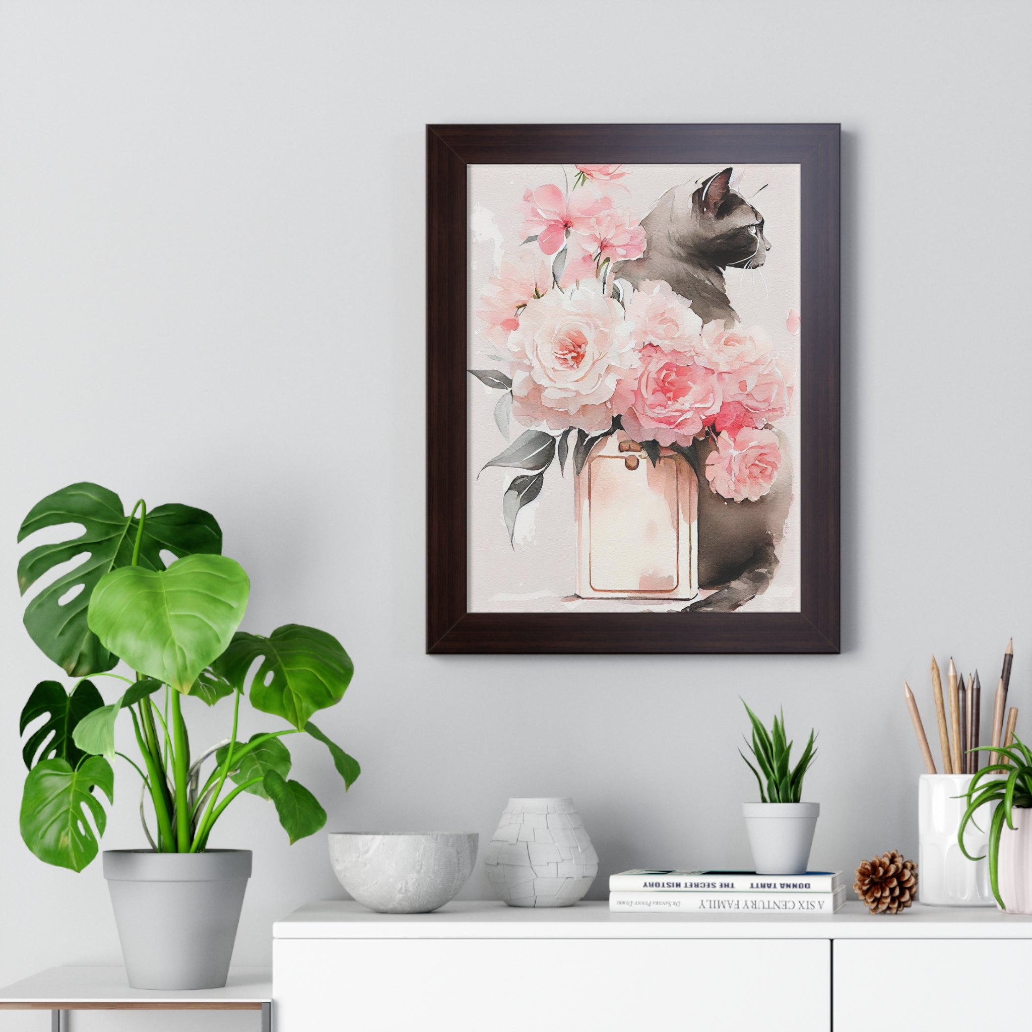 "BLACK CAT PERFUME PEONIES" Framed Vertical Poster