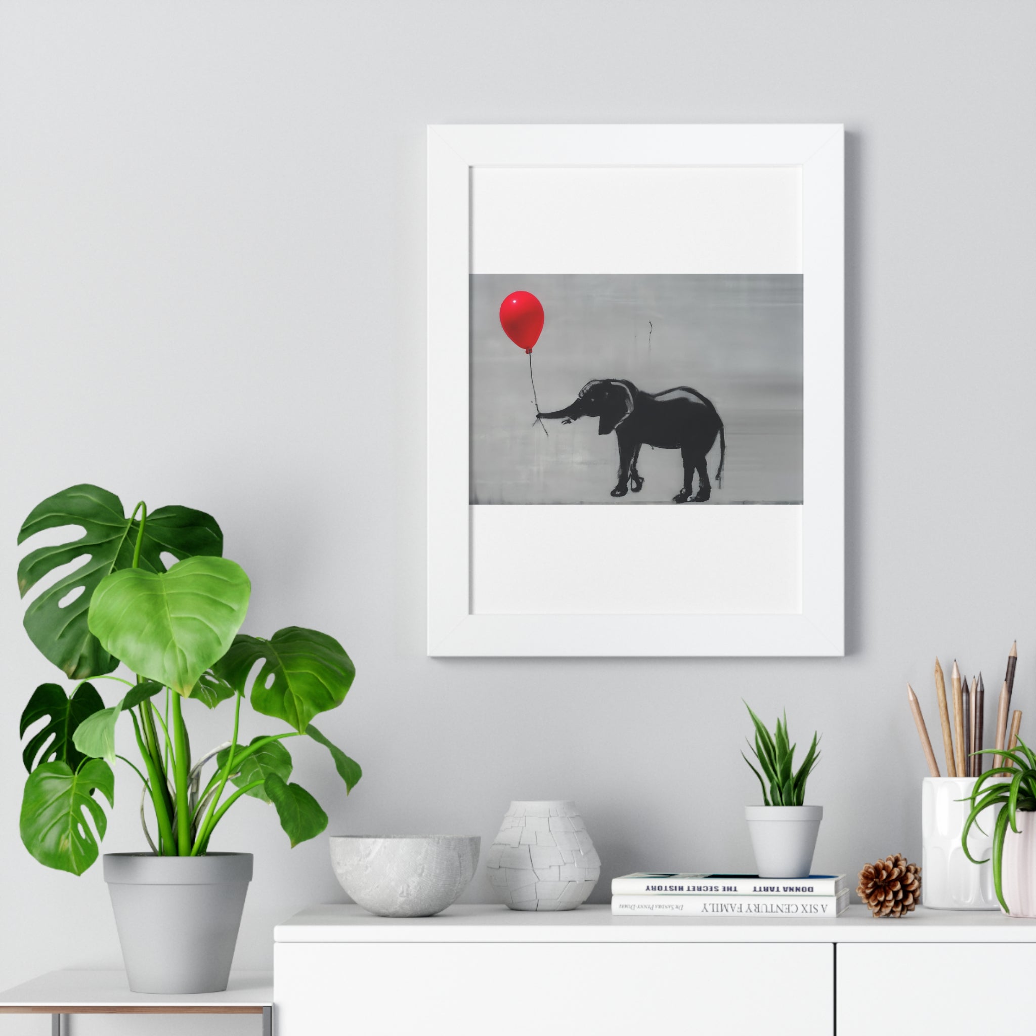 "BANKSY-STYLE ELEPHANT HOLDING A RED BALLOON" Framed Vertical Poster