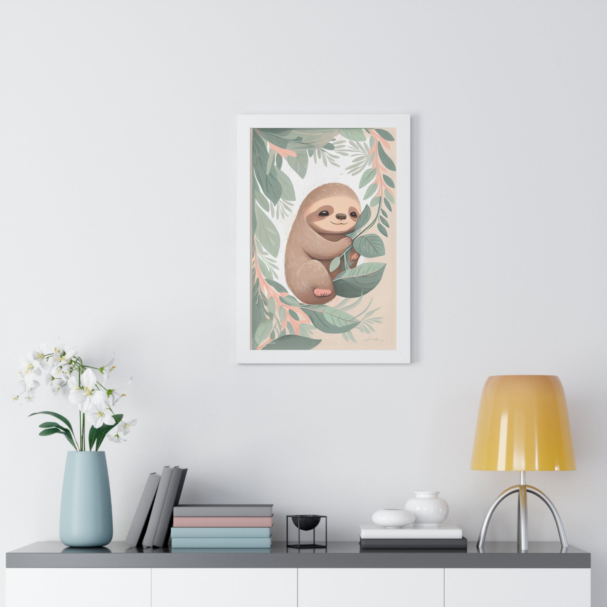 "ABSTRACT BABY SLOTH ON LEAF" Framed Vertical Poster