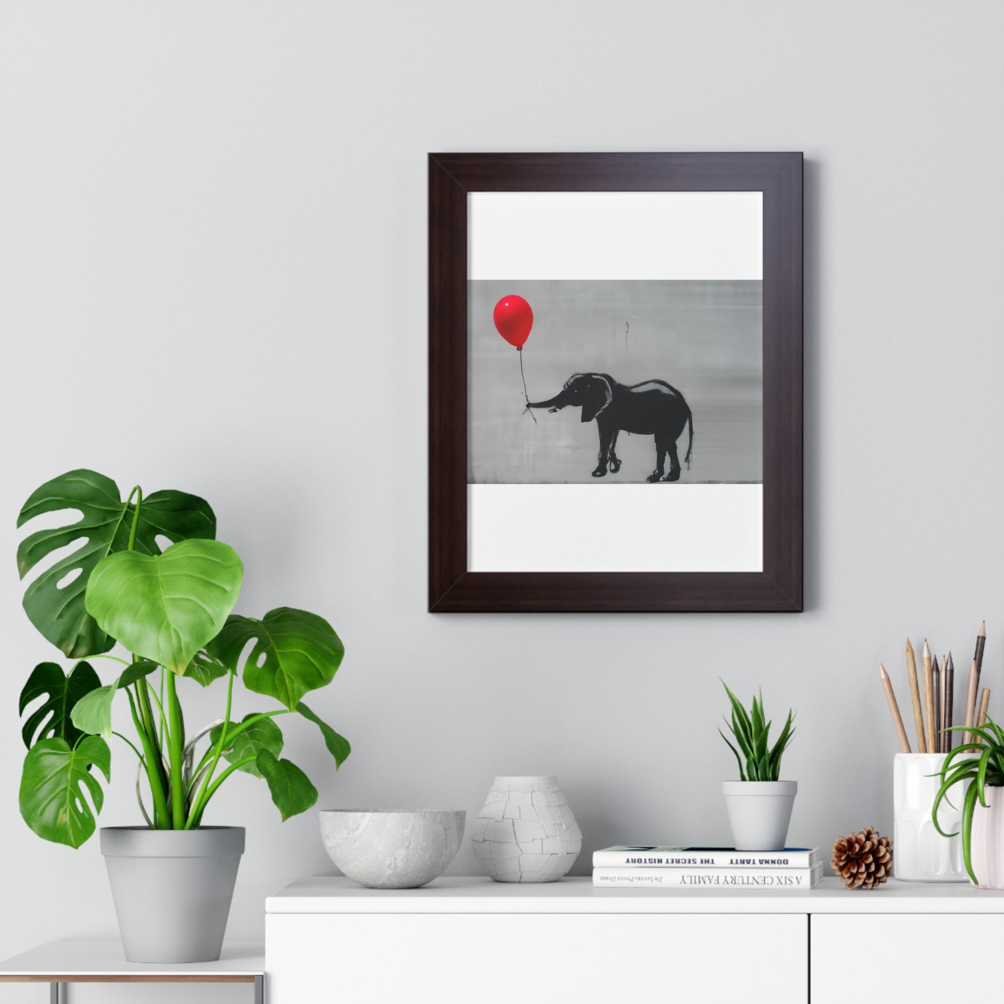 "BANKSY-STYLE ELEPHANT HOLDING A RED BALLOON" Framed Vertical Poster