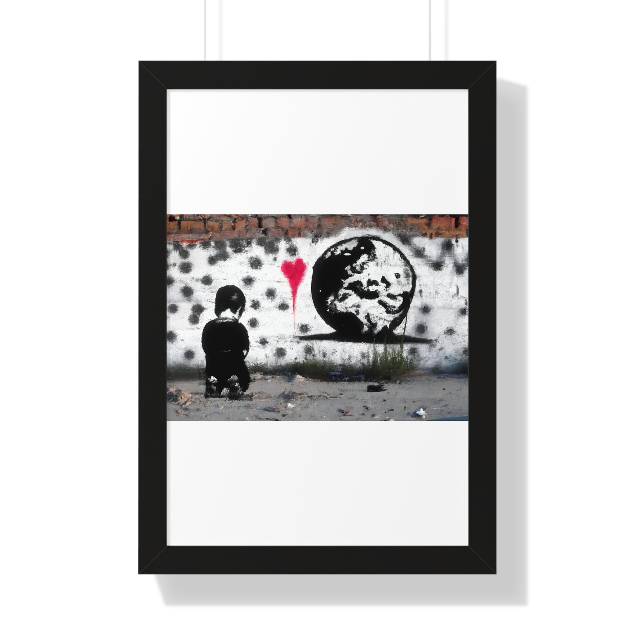 "BANKSY-STYLE GRAFFITI OF A SAD CHILD LOOKING AT DESTROYED EARTH" Framed Vertical Poster